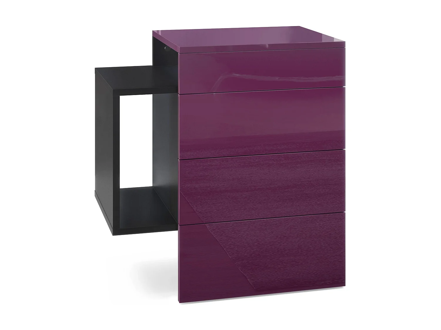 Table de chevet Queens, Table de nuit avec 2 tiroirs et 1 compartiment latéral à fixer au mur, Noir mat/Mûre haute brillance (60 x 63 x 36 cm)