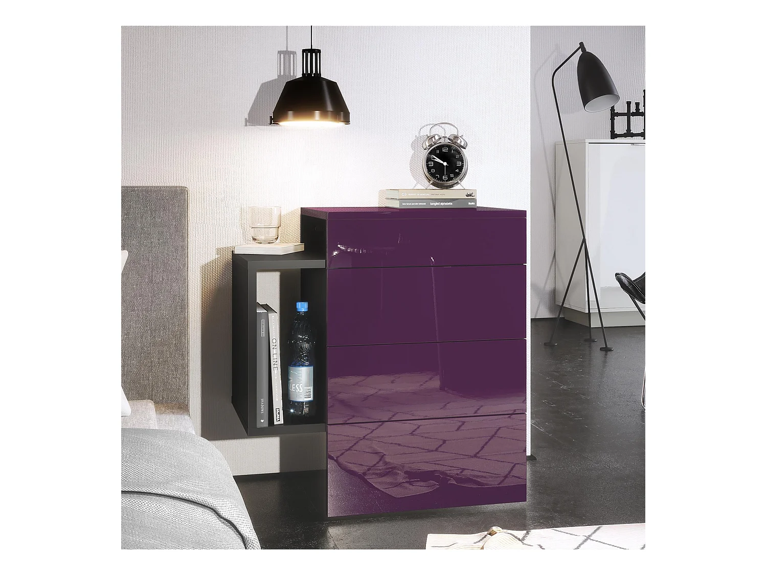 Table de chevet Queens, Table de nuit avec 2 tiroirs et 1 compartiment latéral à fixer au mur, Noir mat/Mûre haute brillance (60 x 63 x 36 cm)