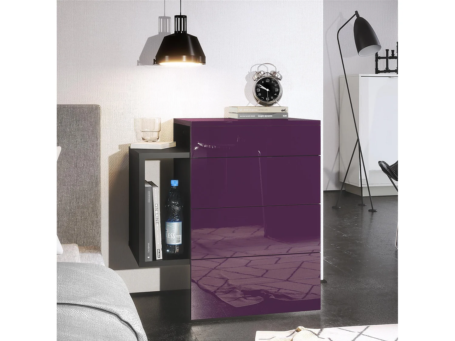 Table de chevet Queens, Table de nuit avec 2 tiroirs et 1 compartiment latéral à fixer au mur, Noir mat/Mûre haute brillance (60 x 63 x 36 cm)