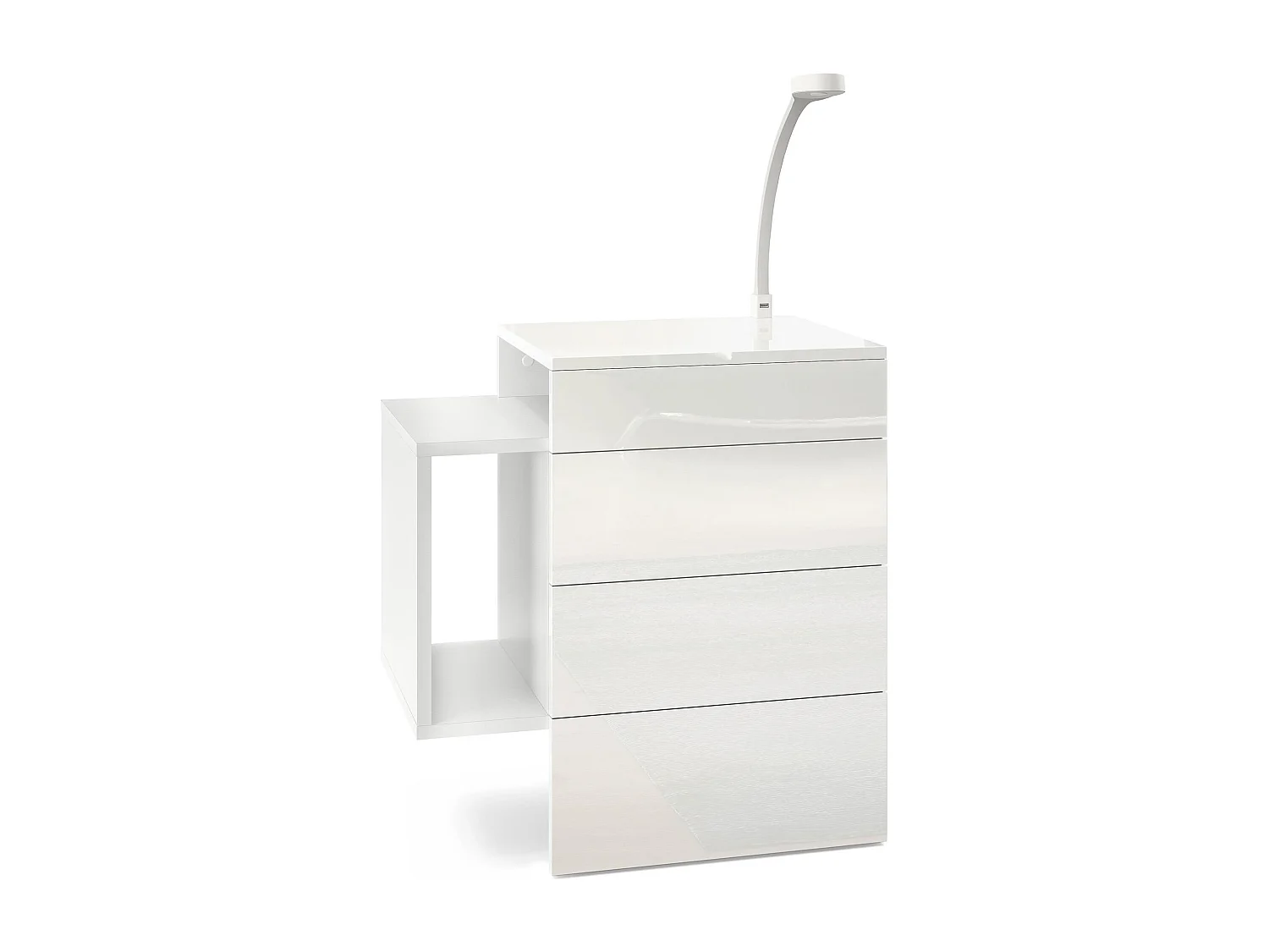 Table de chevet Queens, Table de nuit avec 2 tiroirs et 1 compartiment latéral à fixer au mur, Blanc mat/Blanc brillant, incl. lampe LED (60x63x36 cm)