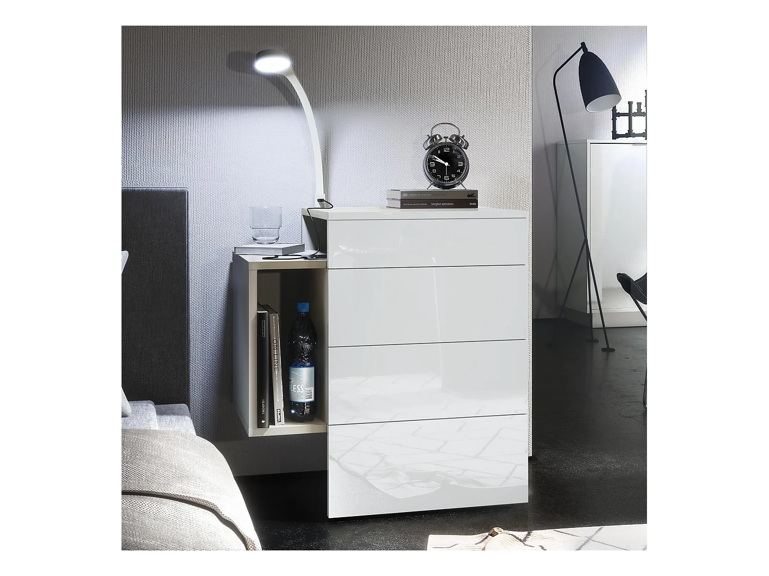 Table de chevet Queens, Table de nuit avec 2 tiroirs et 1 compartiment latéral à fixer au mur, Blanc mat/Blanc brillant, incl. lampe LED (60x63x36 cm)