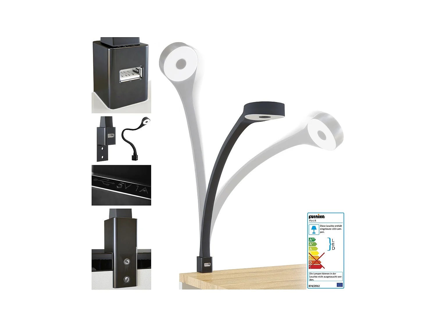 Table de chevet Queens, Table de nuit avec 2 tiroirs et 1 compartiment latéral à fixer au mur, Blanc mat/Blanc brillant, incl. lampe LED (60x63x36 cm)