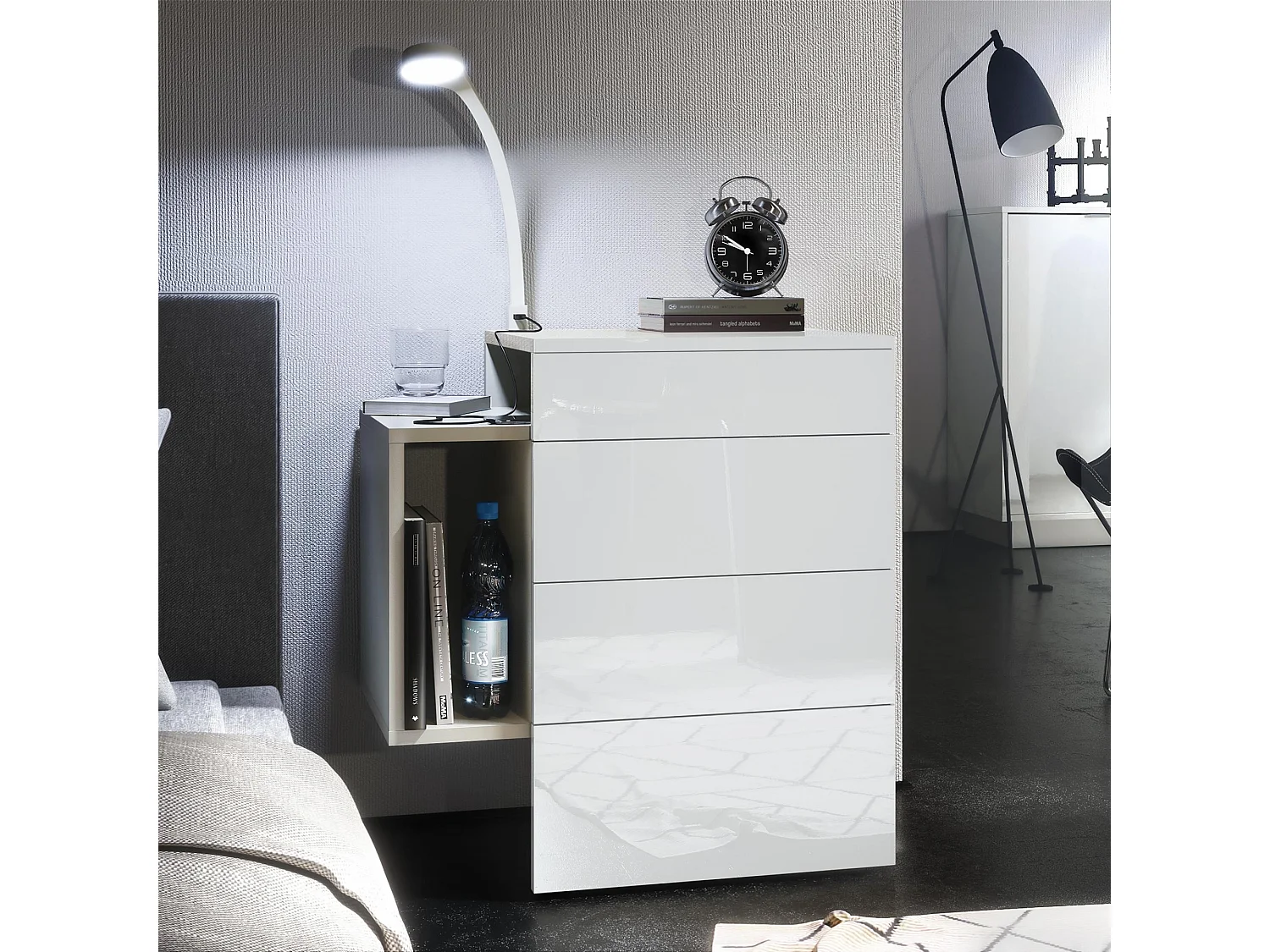 Table de chevet Queens, Table de nuit avec 2 tiroirs et 1 compartiment latéral à fixer au mur, Blanc mat/Blanc brillant, incl. lampe LED (60x63x36 cm)