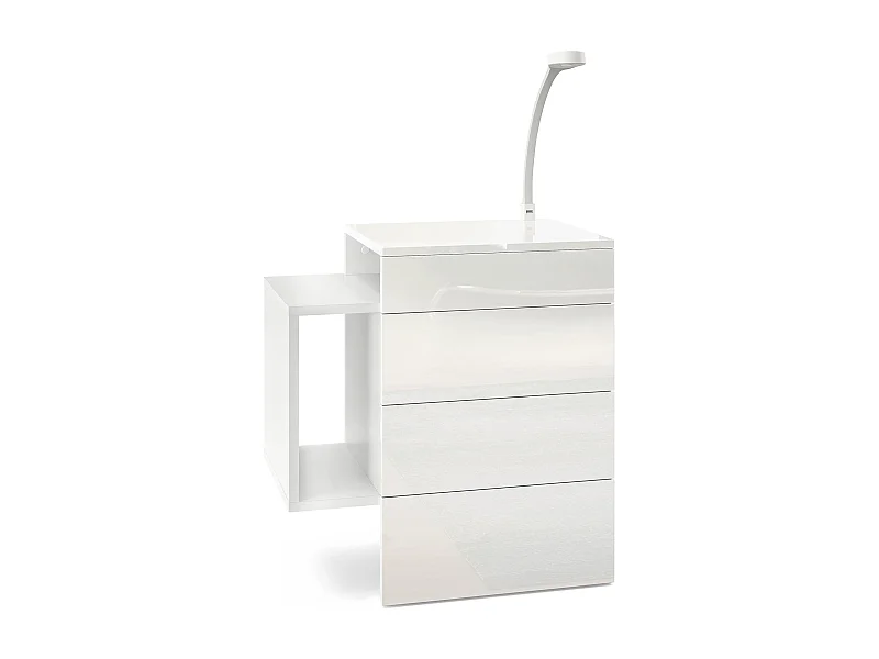 Table de chevet Queens, Table de nuit avec 2 tiroirs et 1 compartiment latéral à fixer au mur, Blanc mat/Blanc brillant, incl. lampe LED (60x63x36 cm)