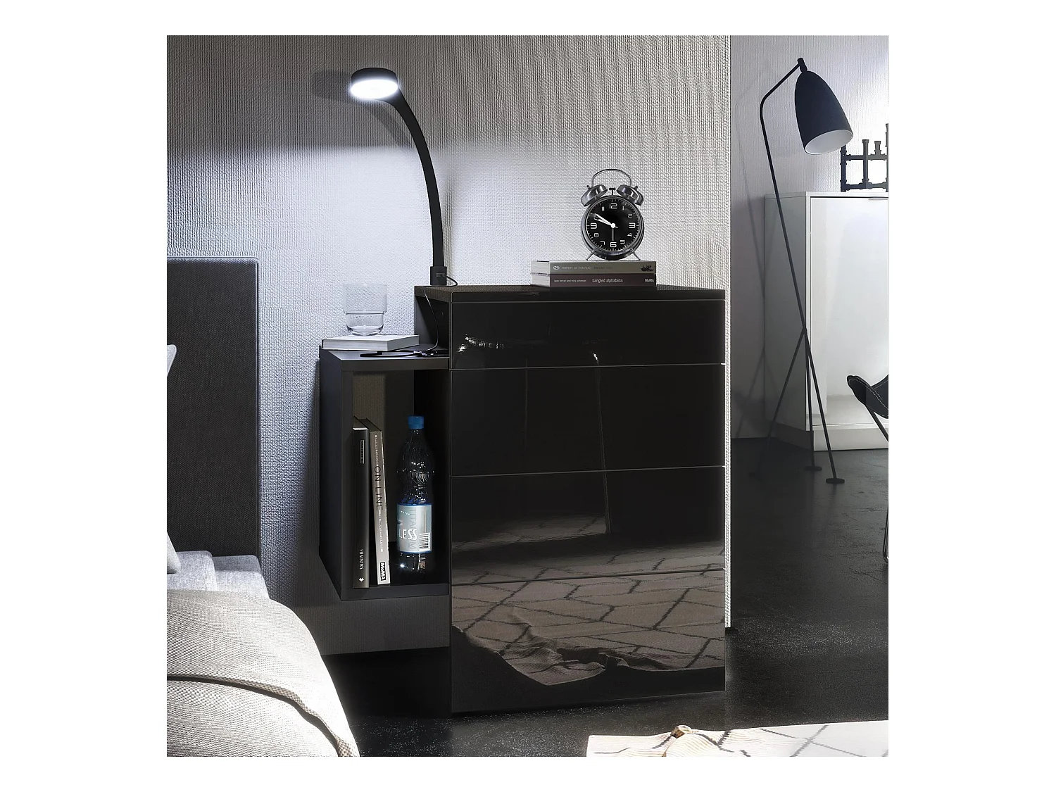 Table de chevet Queens, Table de nuit avec 2 tiroirs et 1 compartiment latéral à fixer au mur, Noir mat/Noir brillant, incl. lampe LED Flexi (60x63x36 cm)