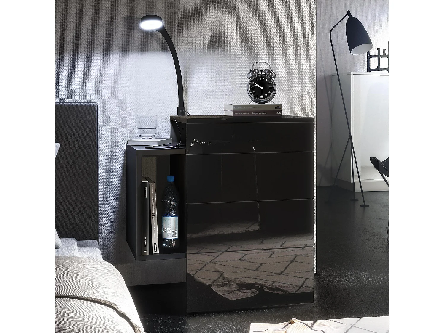Table de chevet Queens, Table de nuit avec 2 tiroirs et 1 compartiment latéral à fixer au mur, Noir mat/Noir brillant, incl. lampe LED Flexi (60x63x36 cm)