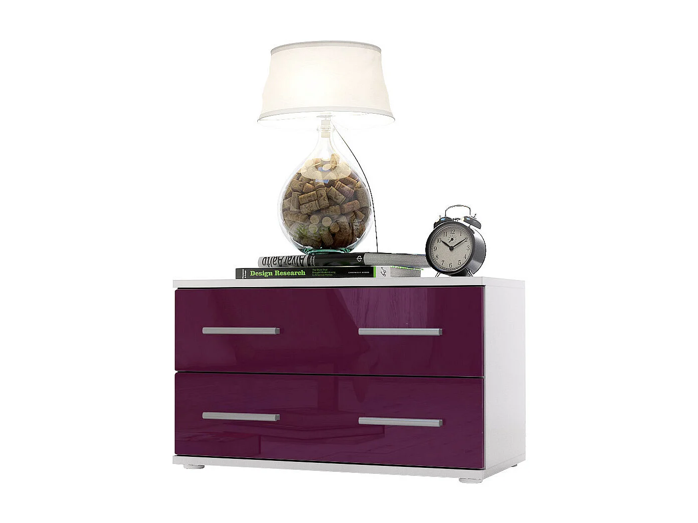 Mesa de noche Kioto, Cuerpo en Blanco mate / Frontal en Color Zarzamora alto brillo