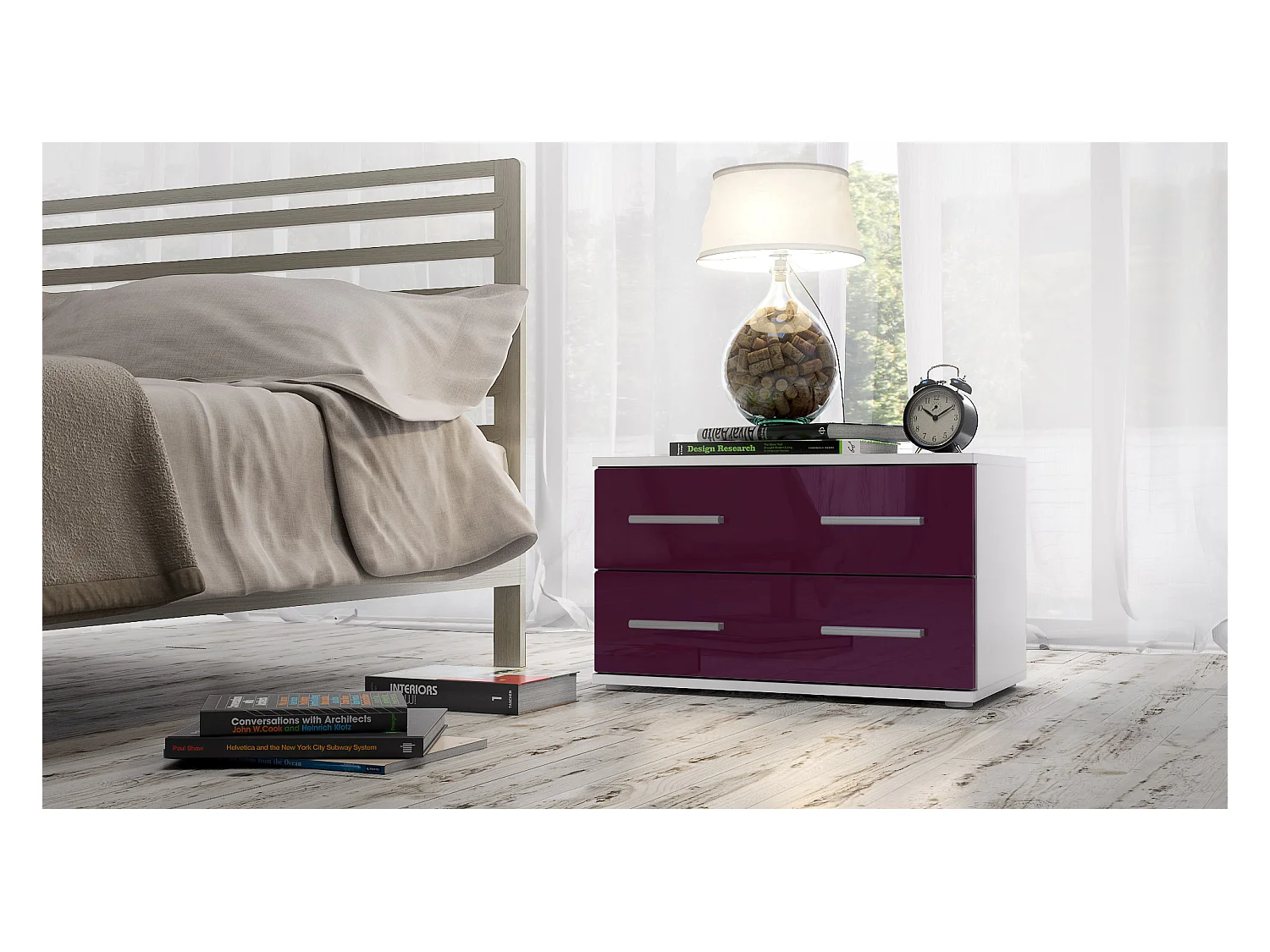 Mesa de noche Kioto, Cuerpo en Blanco mate / Frontal en Color Zarzamora alto brillo