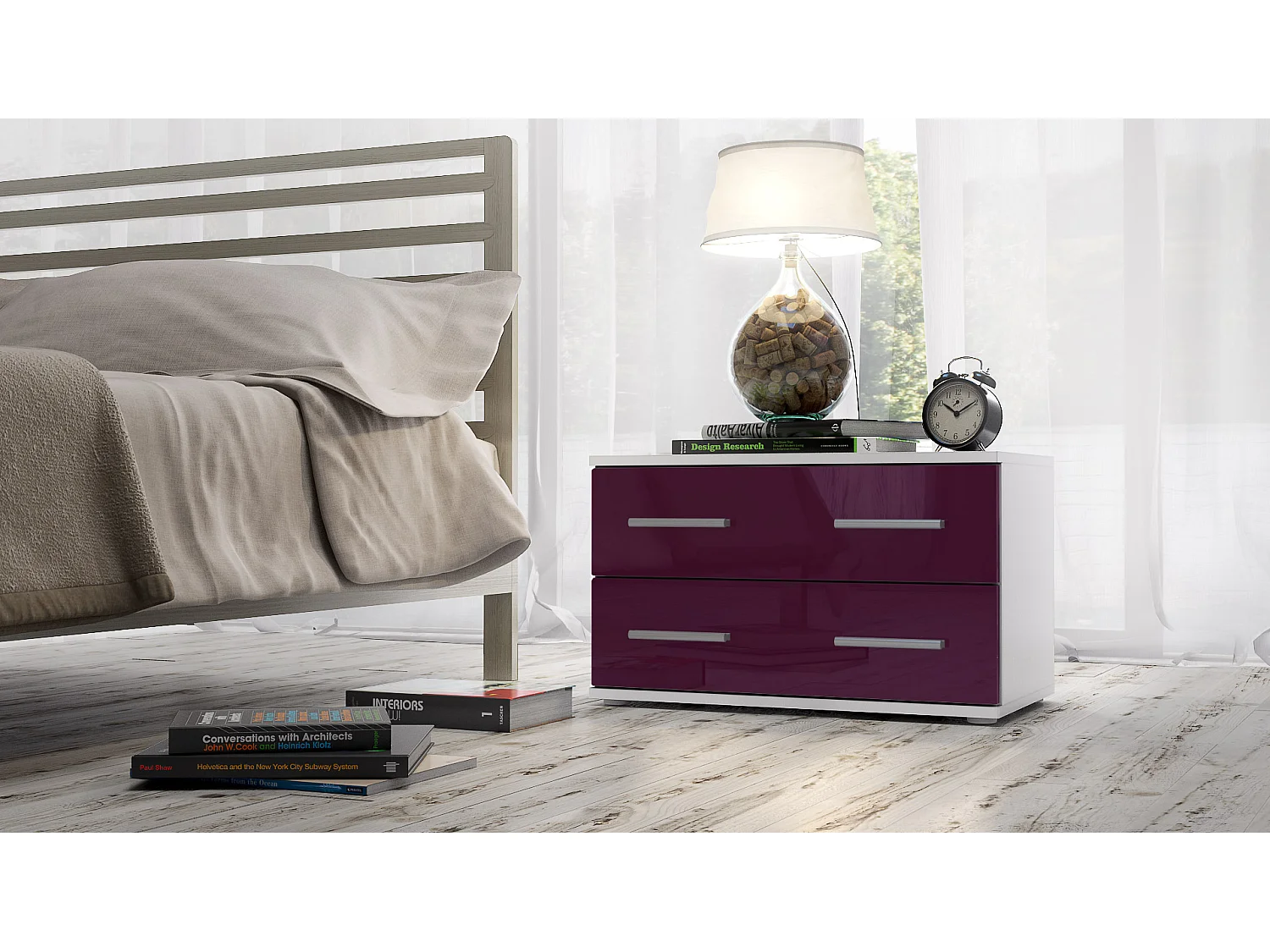 Table de chevet de nuit Kioto, Corps en Blanc mat / Façades en Mûre haute brillance