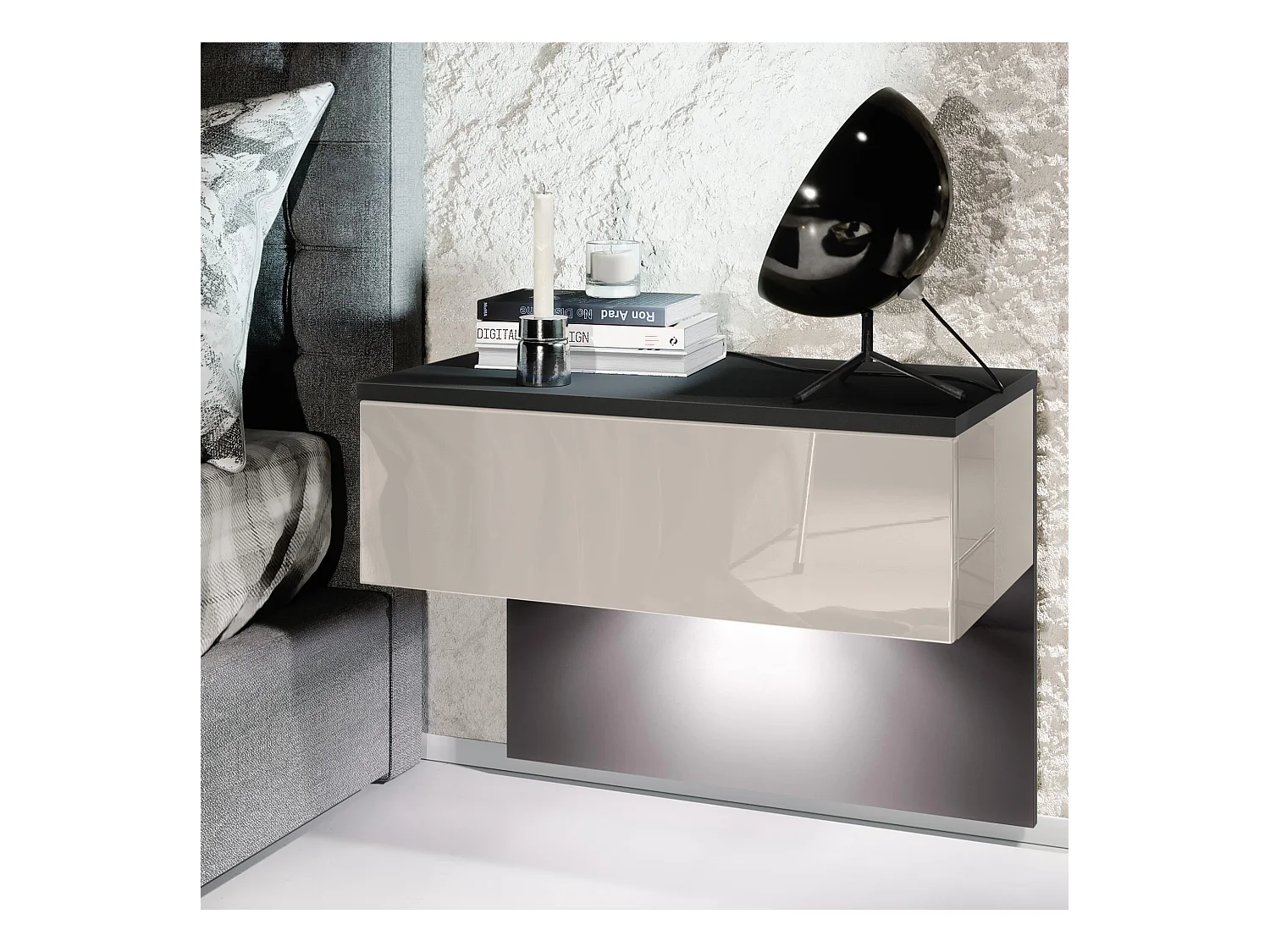 Table de chevet Sleep, Table de nuit à fixation murale avec tiroir, Noir mat/Gris sable haute brillance, éclairage LED inclus (60 x 46 x 35 cm)