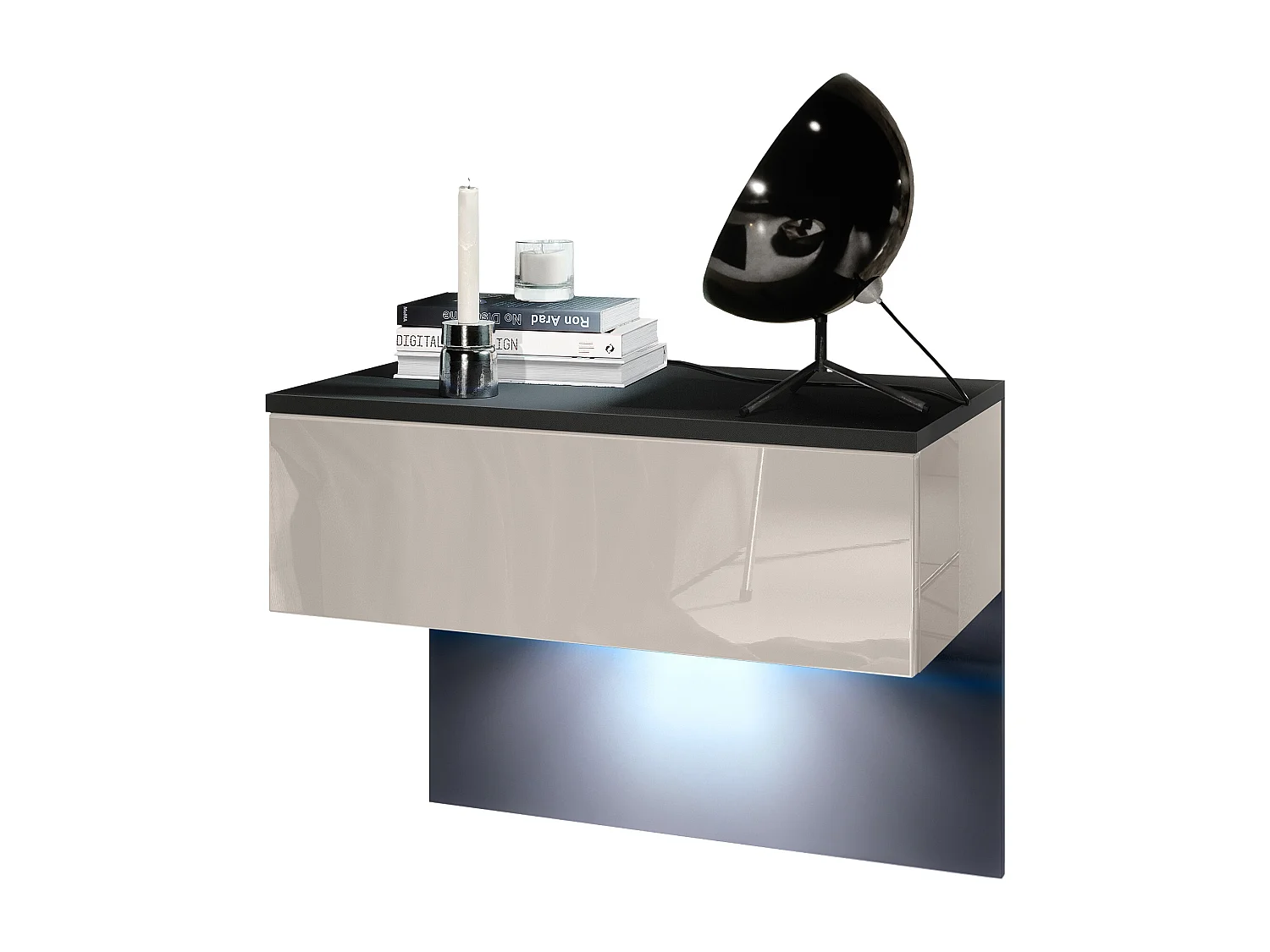 Table de chevet Sleep, Table de nuit à fixation murale avec tiroir, Noir mat/Gris sable haute brillance, éclairage LED inclus (60 x 46 x 35 cm)