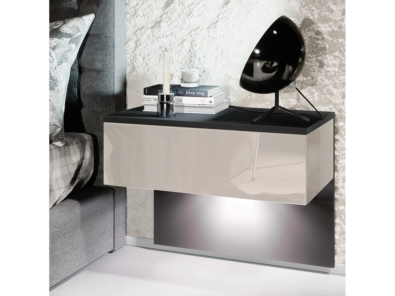 Table de chevet Sleep, Table de nuit à fixation murale avec tiroir, Noir mat/Gris sable haute brillance, éclairage LED inclus (60 x 46 x 35 cm)