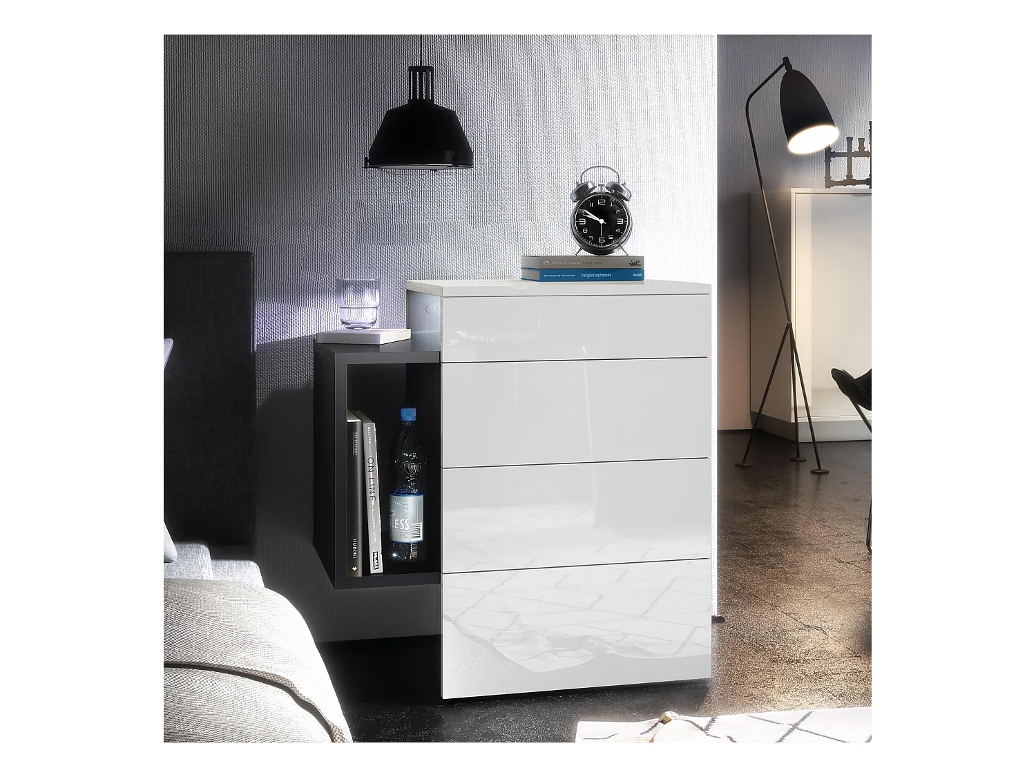 Table de chevet Queens, Table de nuit avec 2 tiroirs et 1 compartiment latéral à fixer au mur, Noir mat/Blanc brillant, incl. LED blanc (60x63x36 cm)
