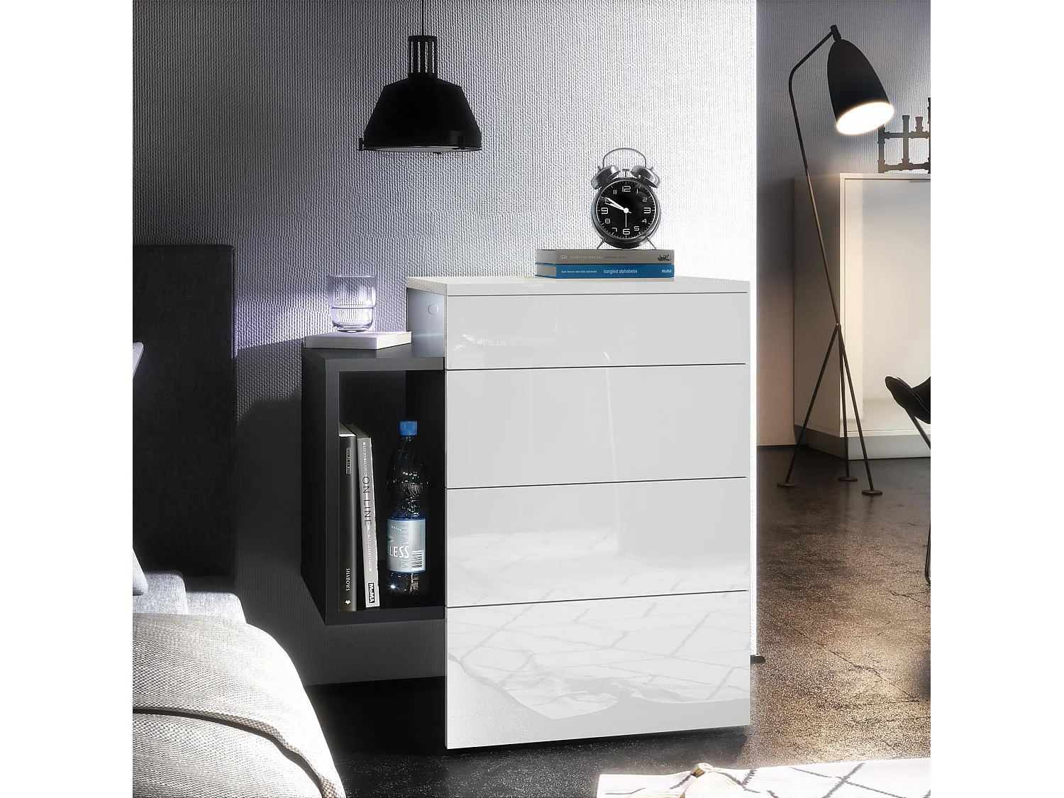 Table de chevet Queens, Table de nuit avec 2 tiroirs et 1 compartiment latéral à fixer au mur, Noir mat/Blanc brillant, incl. LED blanc (60x63x36 cm)