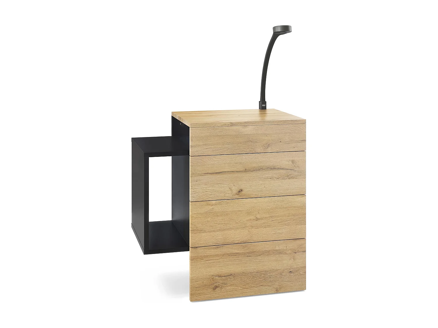 Table de chevet Queens, Table de nuit avec 2 tiroirs et 1 compartiment latéral à fixer au mur, Noir mat/Chêne Nature, incl. lampe LED Flexi (60x63x36 cm)