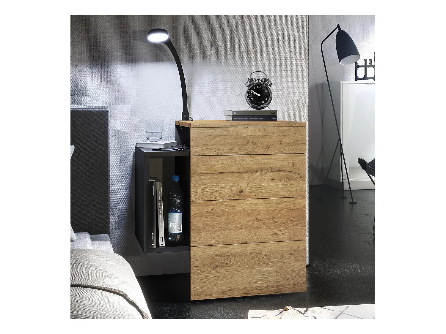 Table de chevet Queens, Table de nuit avec 2 tiroirs et 1 compartiment latéral à fixer au mur, Noir mat/Chêne Nature, incl. lampe LED Flexi (60x63x36 cm)