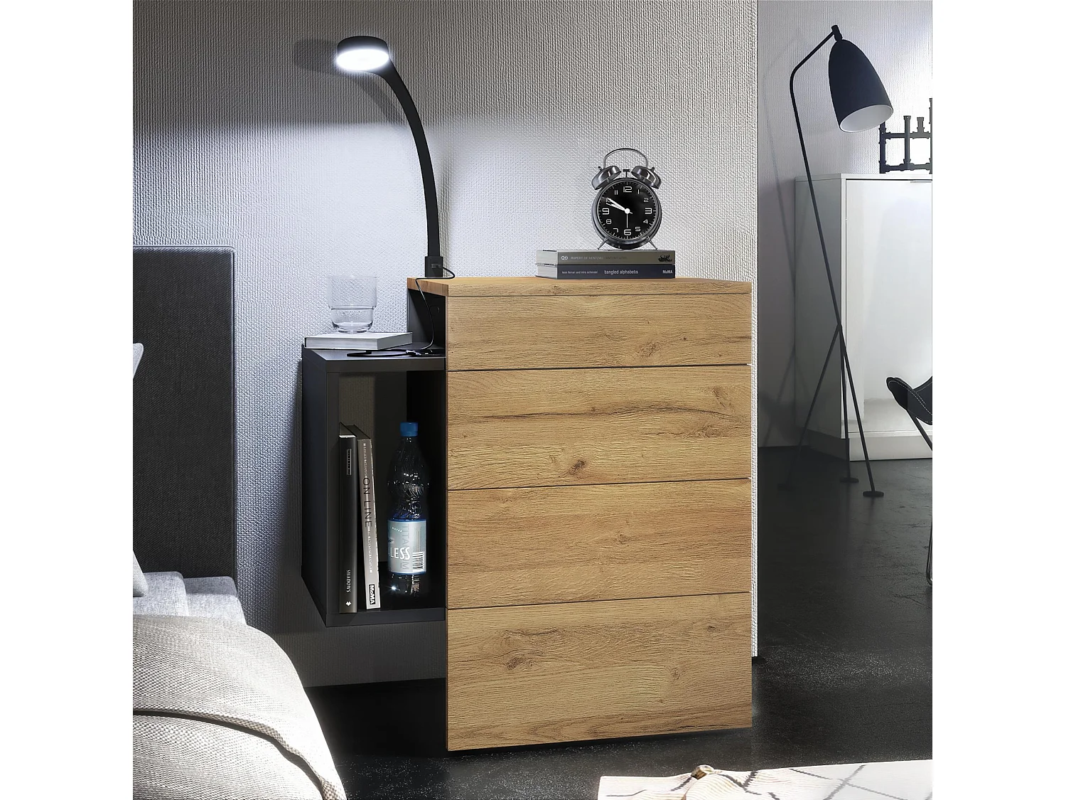 Table de chevet Queens, Table de nuit avec 2 tiroirs et 1 compartiment latéral à fixer au mur, Noir mat/Chêne Nature, incl. lampe LED Flexi (60x63x36 cm)