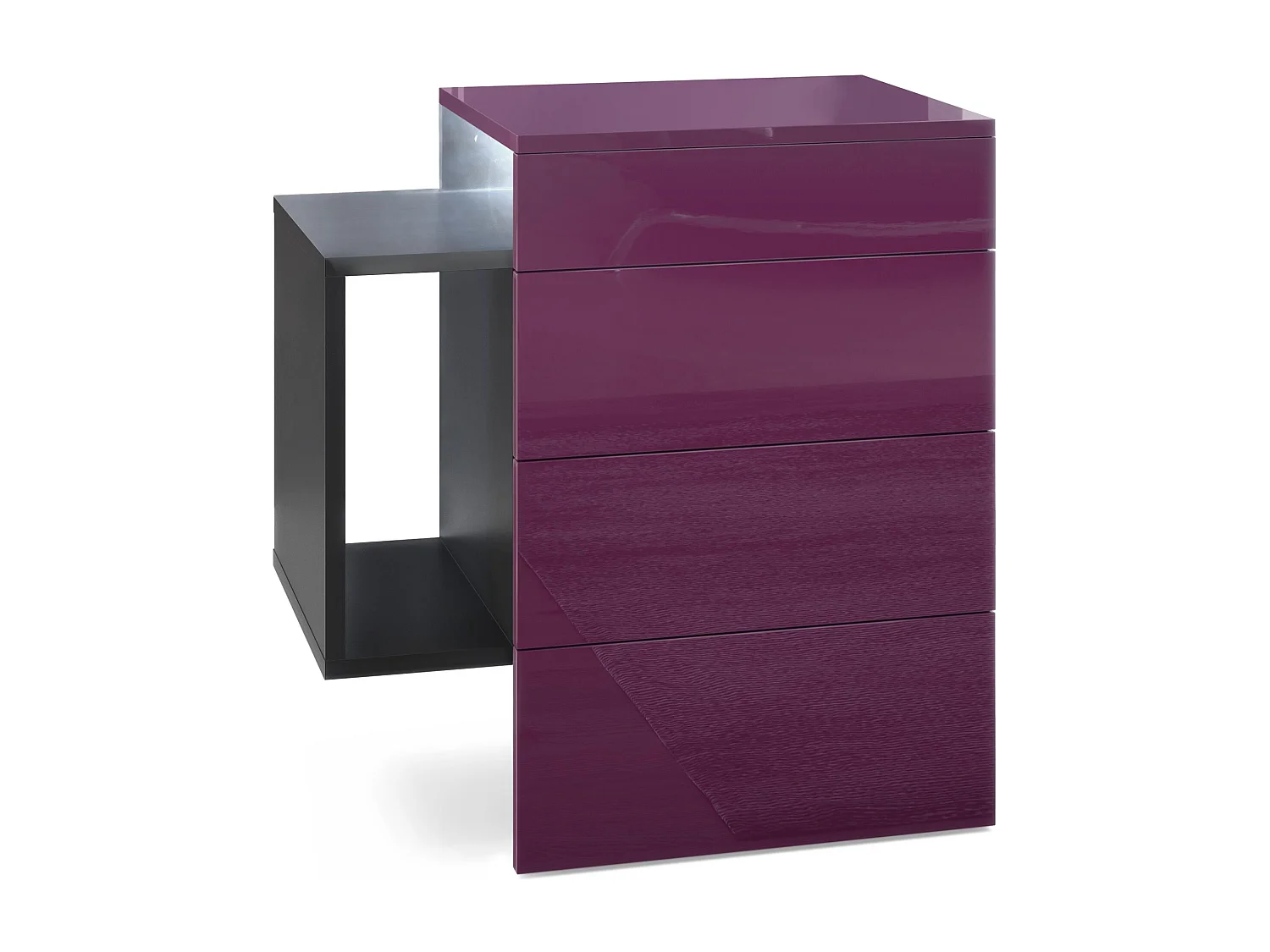 Table de chevet Queens, Table de nuit avec 2 tiroirs et 1 compartiment latéral à fixer au mur, Noir mat/Mûre brillant, incl. LED blanc (60x63x36 cm)