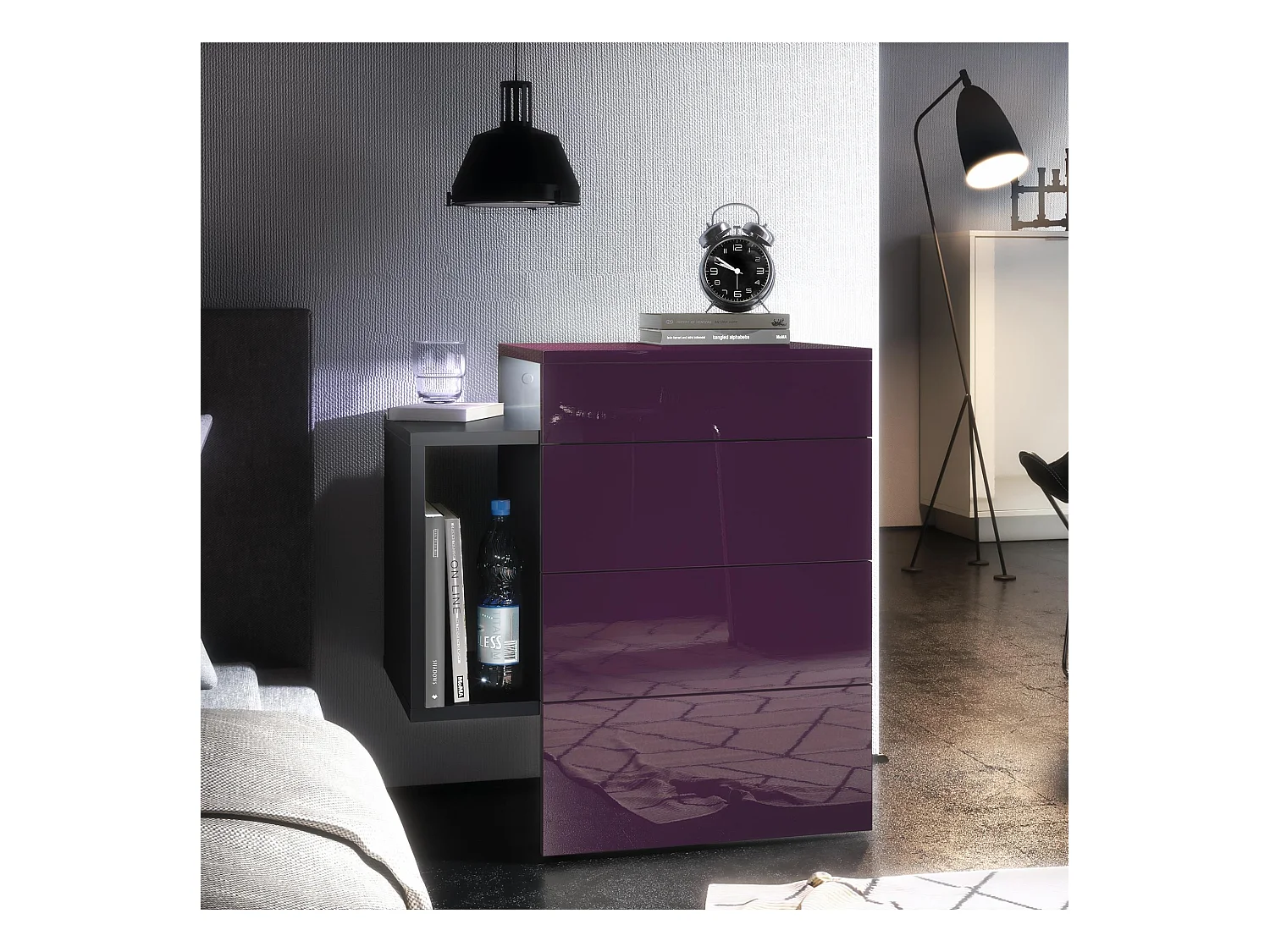 Table de chevet Queens, Table de nuit avec 2 tiroirs et 1 compartiment latéral à fixer au mur, Noir mat/Mûre brillant, incl. LED blanc (60x63x36 cm)