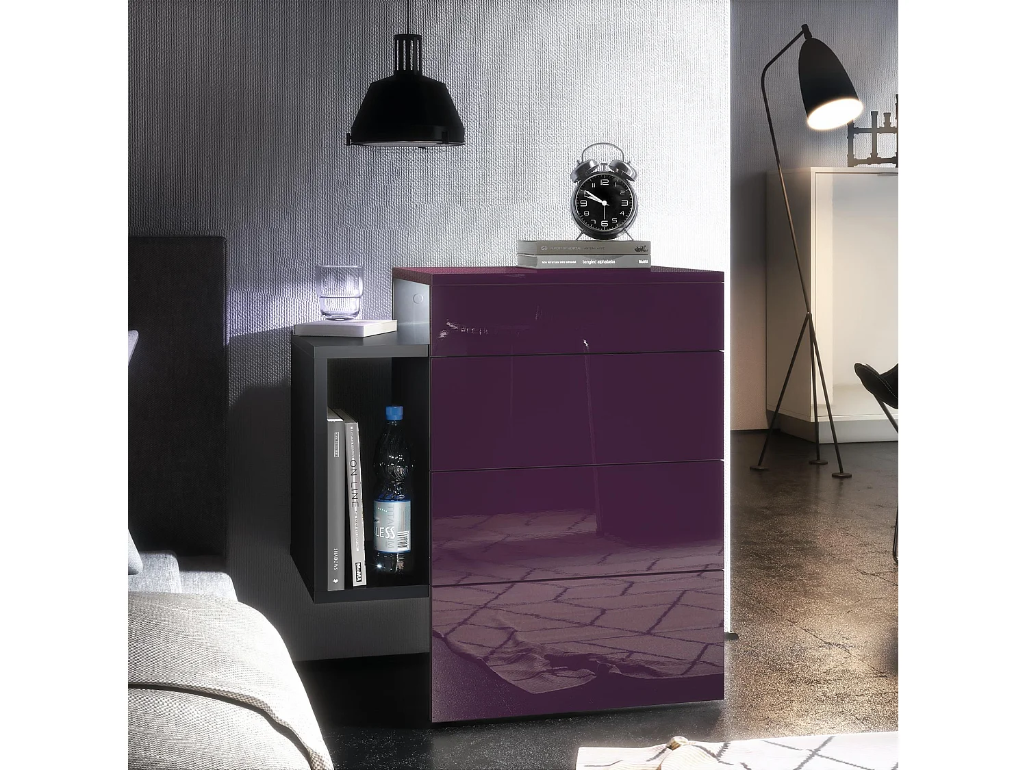 Table de chevet Queens, Table de nuit avec 2 tiroirs et 1 compartiment latéral à fixer au mur, Noir mat/Mûre brillant, incl. LED blanc (60x63x36 cm)