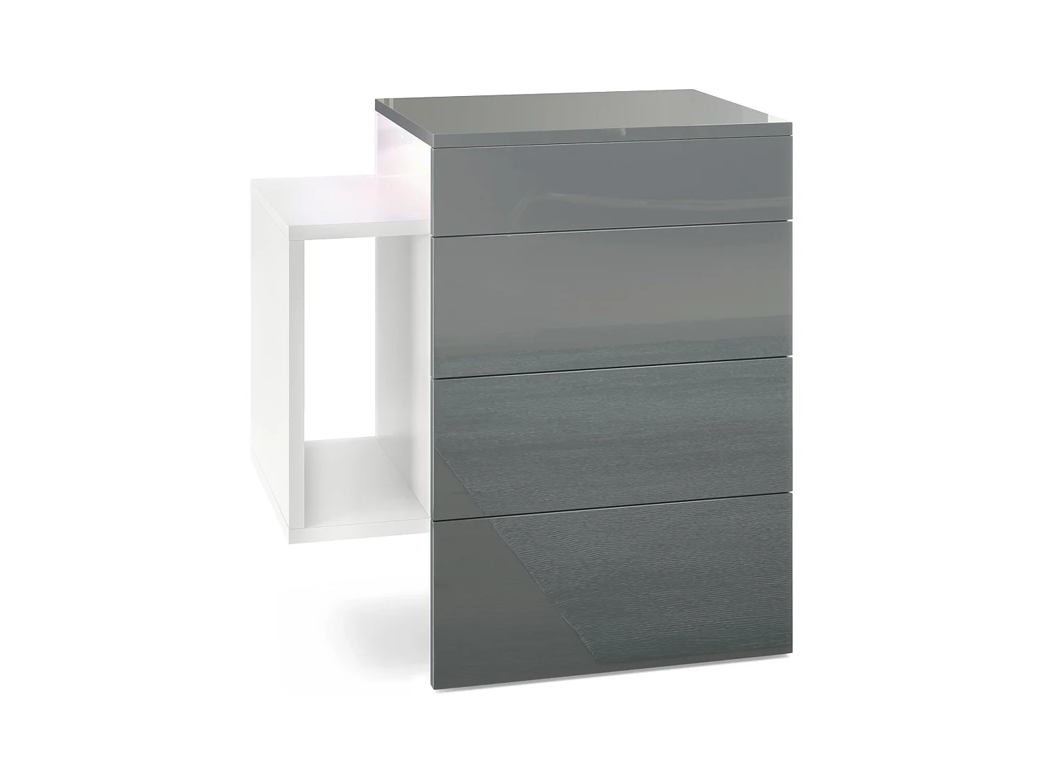 Table de chevet Queens, Table de nuit avec 2 tiroirs et 1 compartiment latéral à fixer au mur, Blanc mat/Gris brillant, incl. encastré LED blanc (60x63x36 cm)