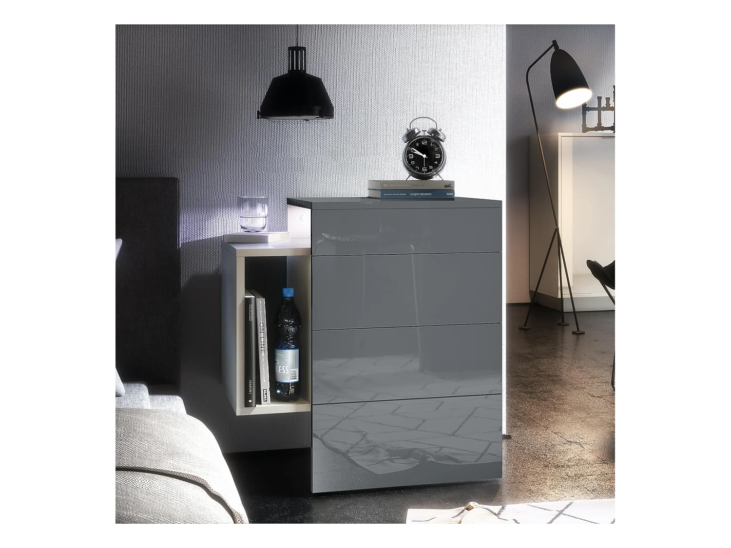 Table de chevet Queens, Table de nuit avec 2 tiroirs et 1 compartiment latéral à fixer au mur, Blanc mat/Gris brillant, incl. encastré LED blanc (60x63x36 cm)