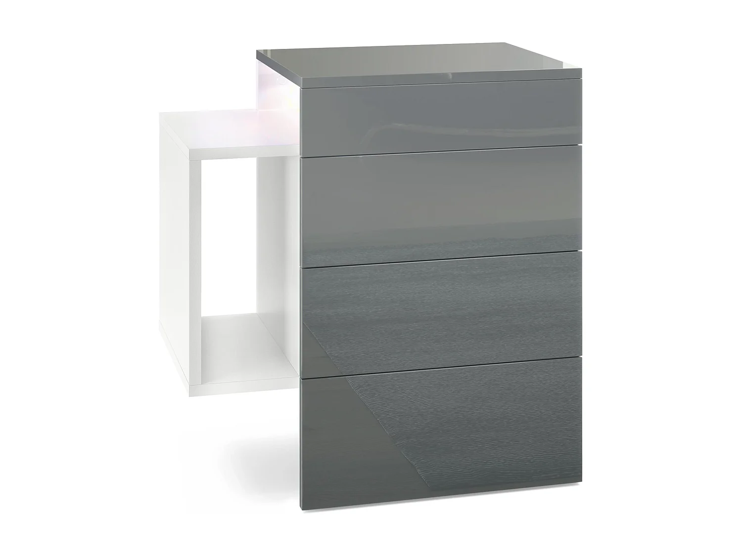 Table de chevet Queens, Table de nuit avec 2 tiroirs et 1 compartiment latéral à fixer au mur, Blanc mat/Gris brillant, incl. encastré LED blanc (60x63x36 cm)