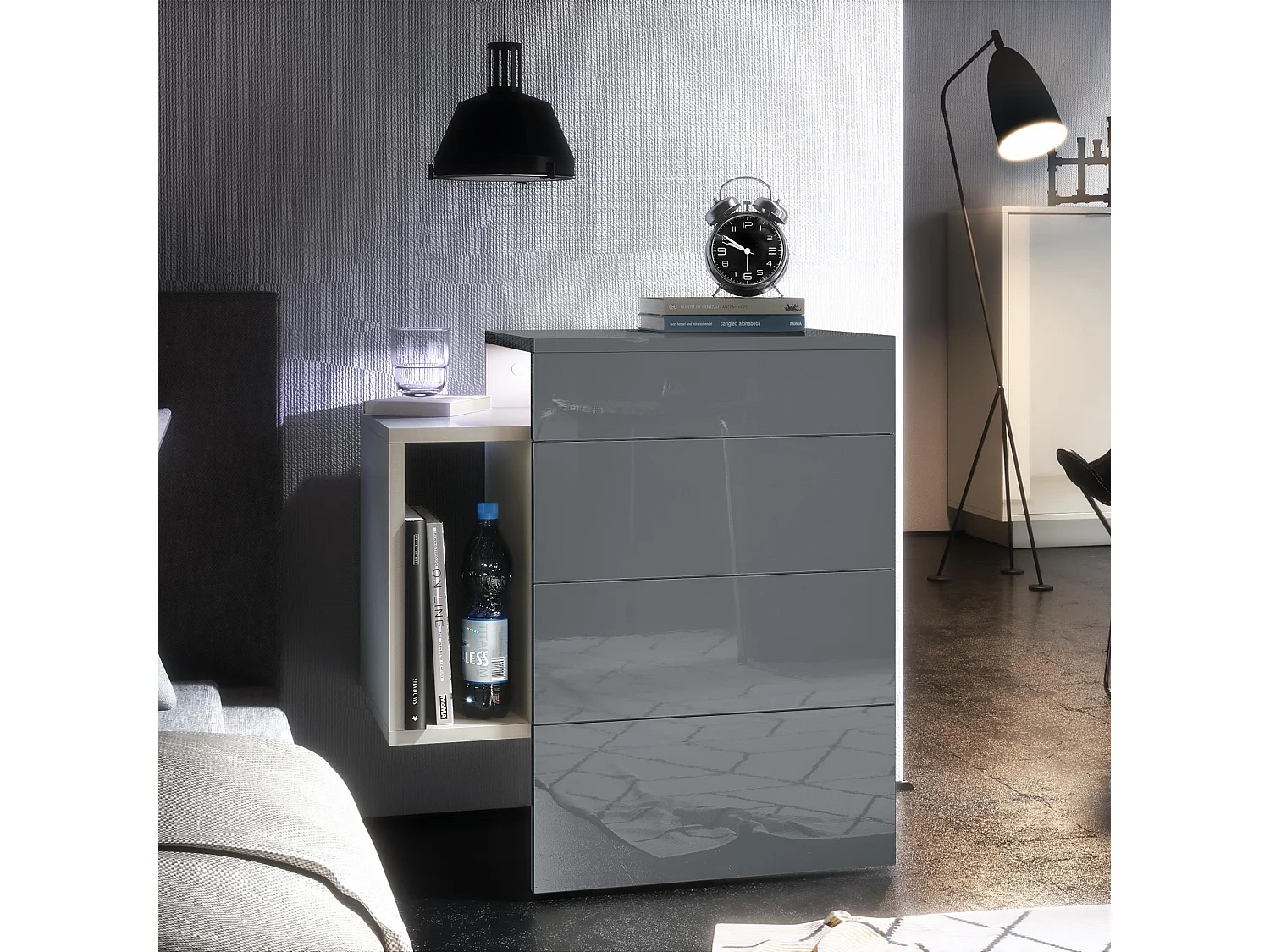 Table de chevet Queens, Table de nuit avec 2 tiroirs et 1 compartiment latéral à fixer au mur, Blanc mat/Gris brillant, incl. encastré LED blanc (60x63x36 cm)