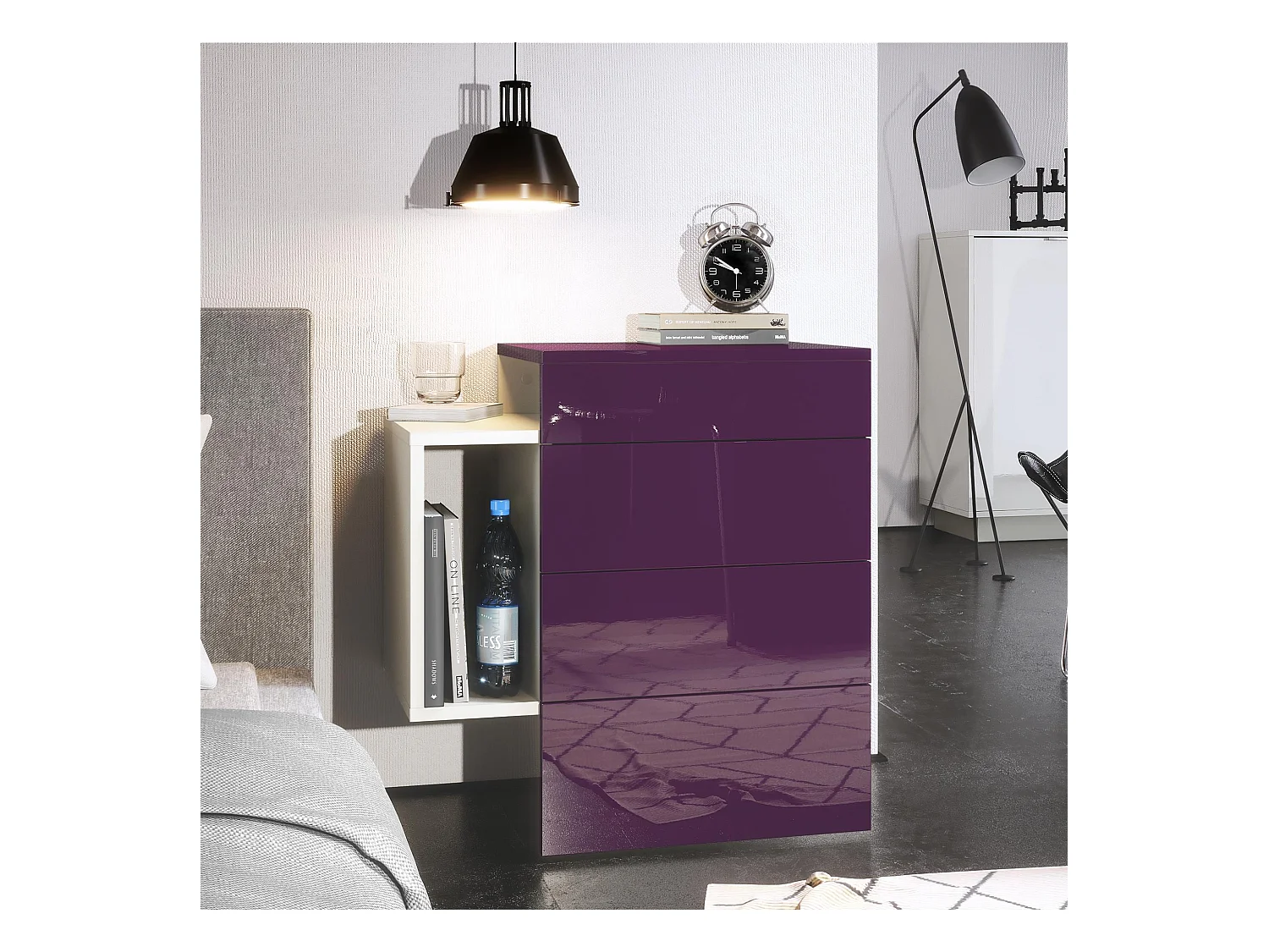 Table de chevet Queens, Table de nuit avec 2 tiroirs et 1 compartiment latéral à fixer au mur, Blanc mat/Mûre haute brillance (60 x 63 x 36 cm)