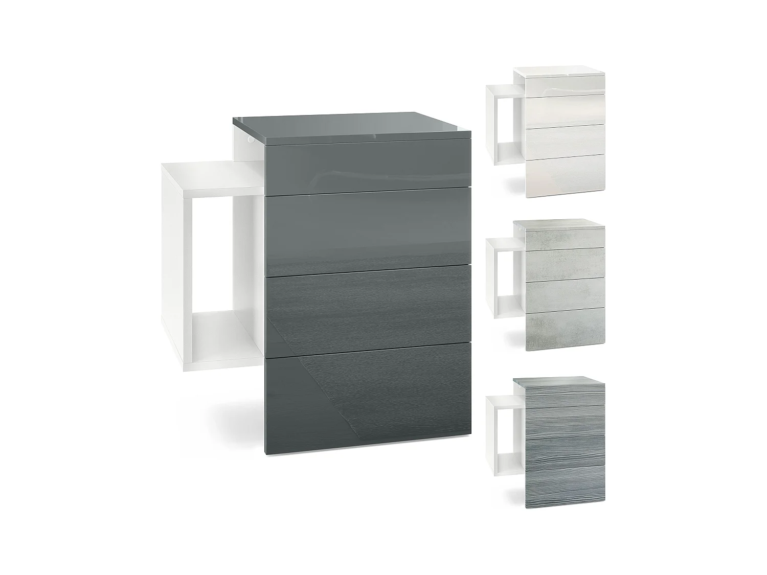 Table de chevet Queens, Table de nuit avec 2 tiroirs et 1 compartiment latéral à fixer au mur, Blanc mat/Mûre haute brillance (60 x 63 x 36 cm)