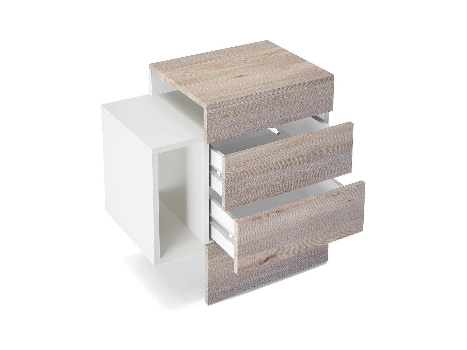Table de chevet Queens, Table de nuit avec 2 tiroirs et 1 compartiment latéral à fixer au mur, Blanc mat/Mûre haute brillance (60 x 63 x 36 cm)