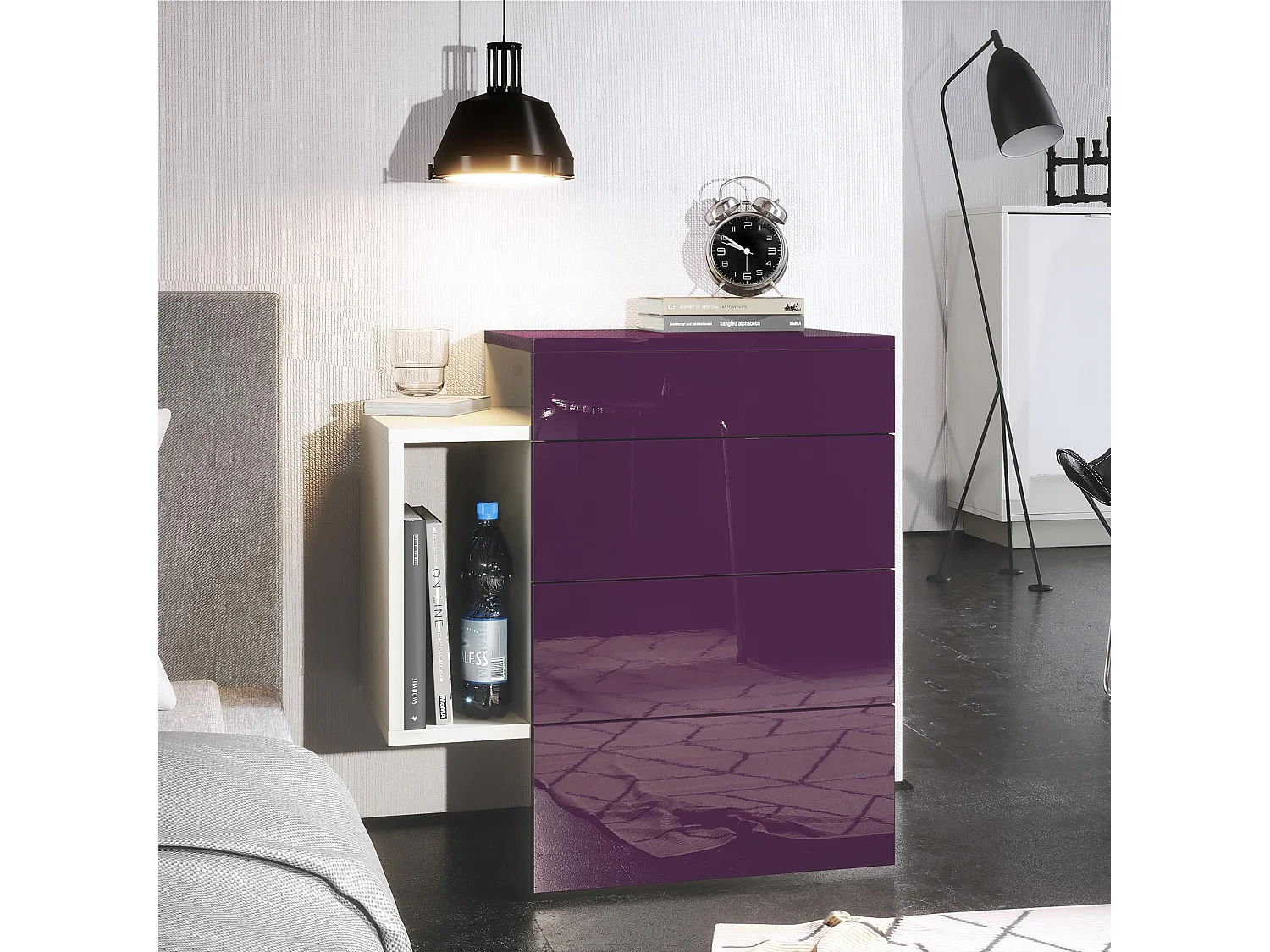 Table de chevet Queens, Table de nuit avec 2 tiroirs et 1 compartiment latéral à fixer au mur, Blanc mat/Mûre haute brillance (60 x 63 x 36 cm)