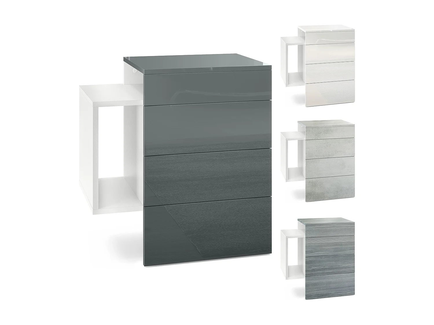 Table de chevet Queens, Table de nuit avec 2 tiroirs et 1 compartiment latéral à fixer au mur, Blanc mat/Mûre haute brillance (60 x 63 x 36 cm)