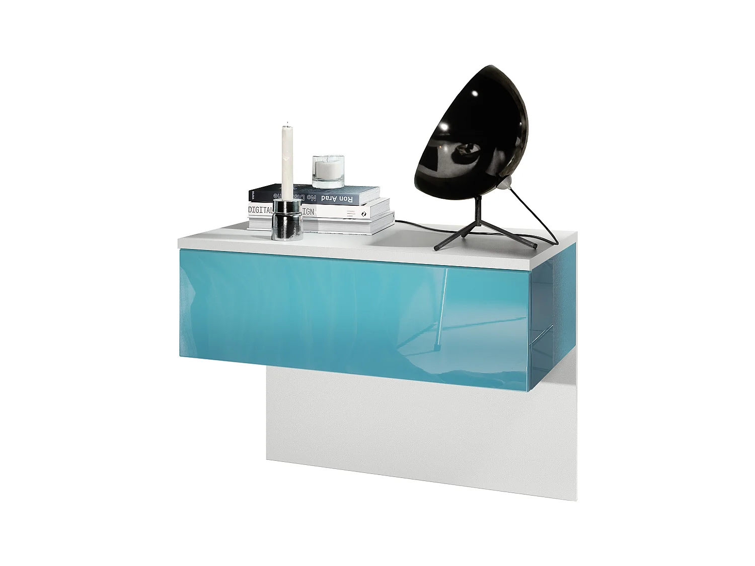 Table de chevet Sleep, Table de nuit à fixation murale avec tiroir, Blanc mat/Turquoise haute brillance (60 x 46 x 35 cm)