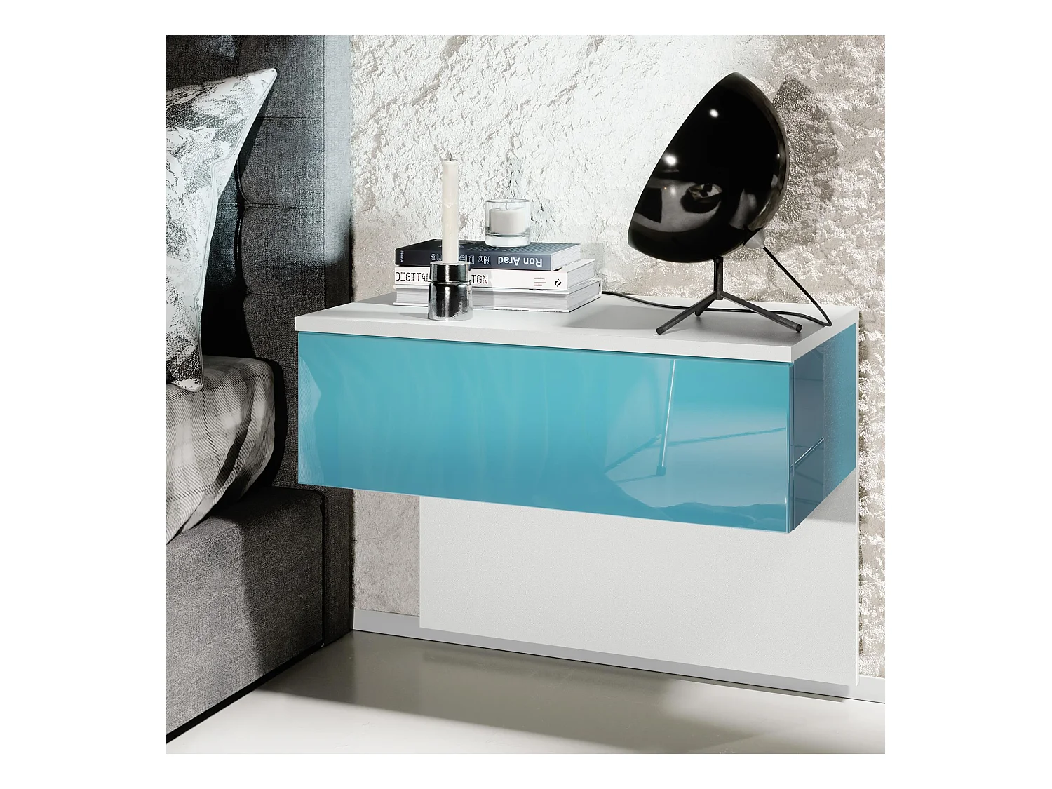 Table de chevet Sleep, Table de nuit à fixation murale avec tiroir, Blanc mat/Turquoise haute brillance (60 x 46 x 35 cm)