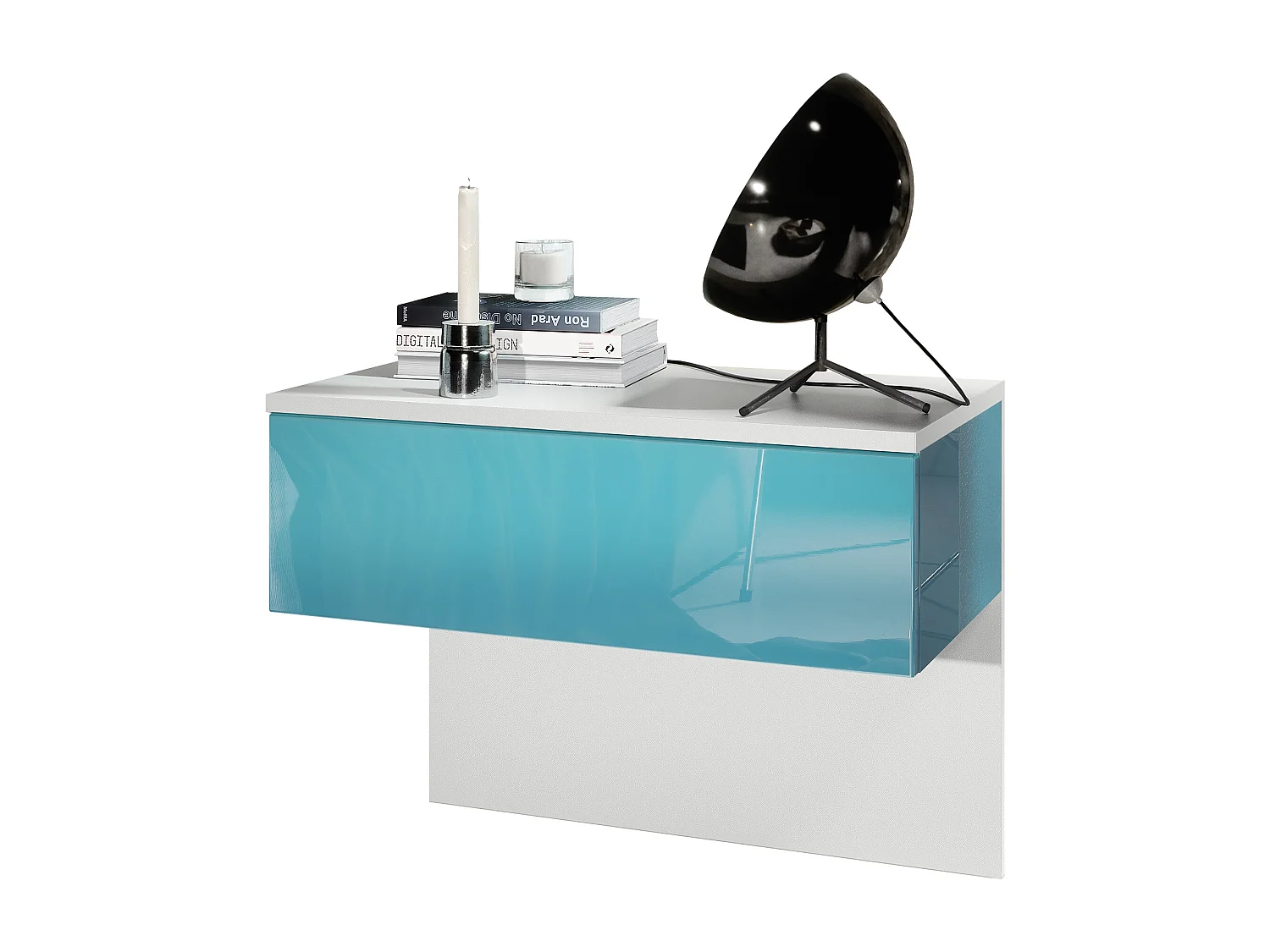 Table de chevet Sleep, Table de nuit à fixation murale avec tiroir, Blanc mat/Turquoise haute brillance (60 x 46 x 35 cm)
