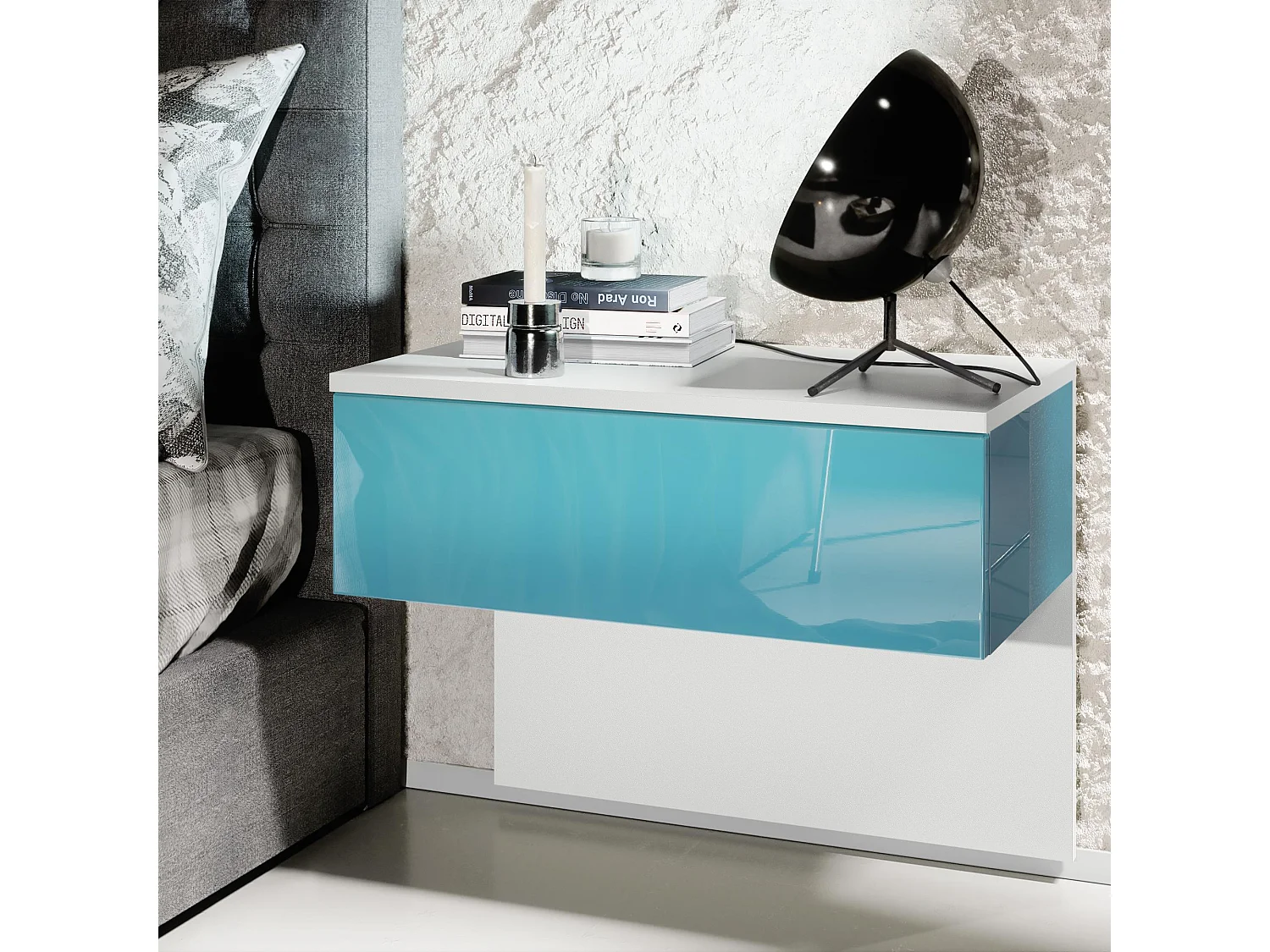 Table de chevet Sleep, Table de nuit à fixation murale avec tiroir, Blanc mat/Turquoise haute brillance (60 x 46 x 35 cm)