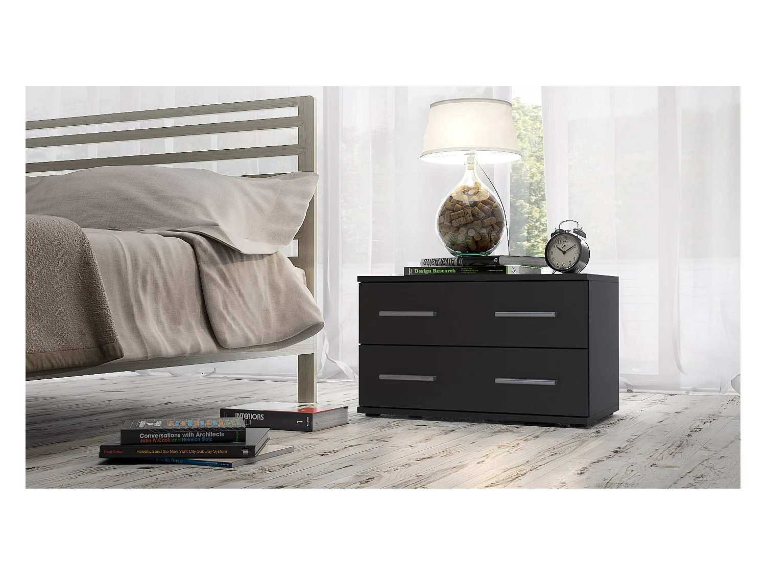 Table de chevet de nuit Kioto, Corps en Noir mat / Façades en Noir mat