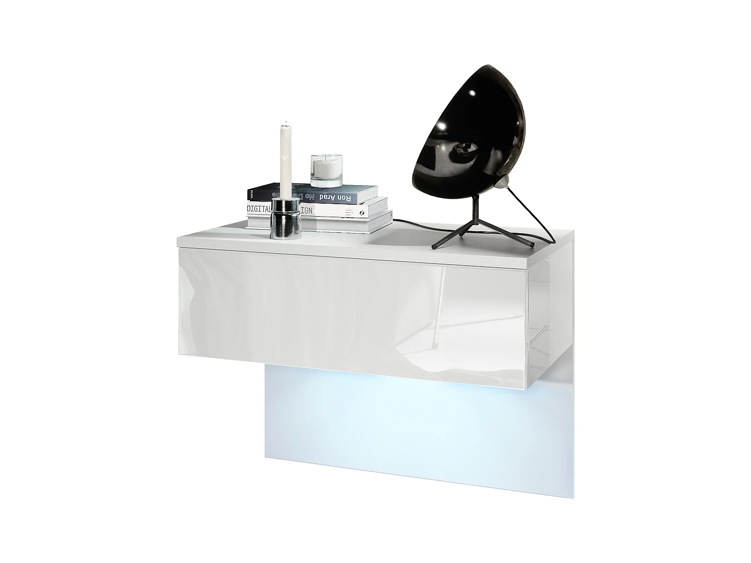 Table de chevet Sleep, Table de nuit à fixation murale avec tiroir, Blanc mat/Blanc haute brillance, éclairage LED inclus (60 x 46 x 35 cm)