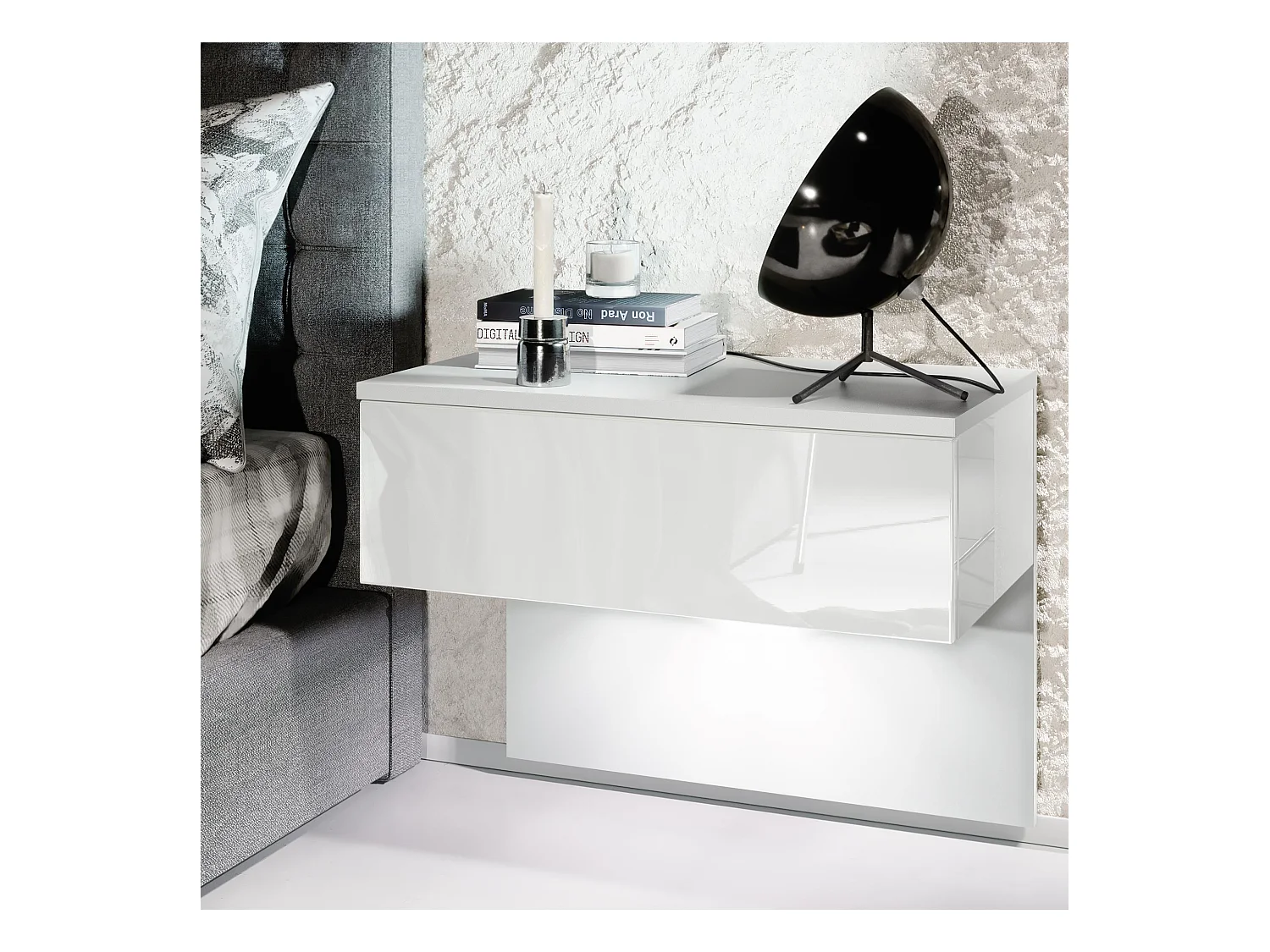 Table de chevet Sleep, Table de nuit à fixation murale avec tiroir, Blanc mat/Blanc haute brillance, éclairage LED inclus (60 x 46 x 35 cm)