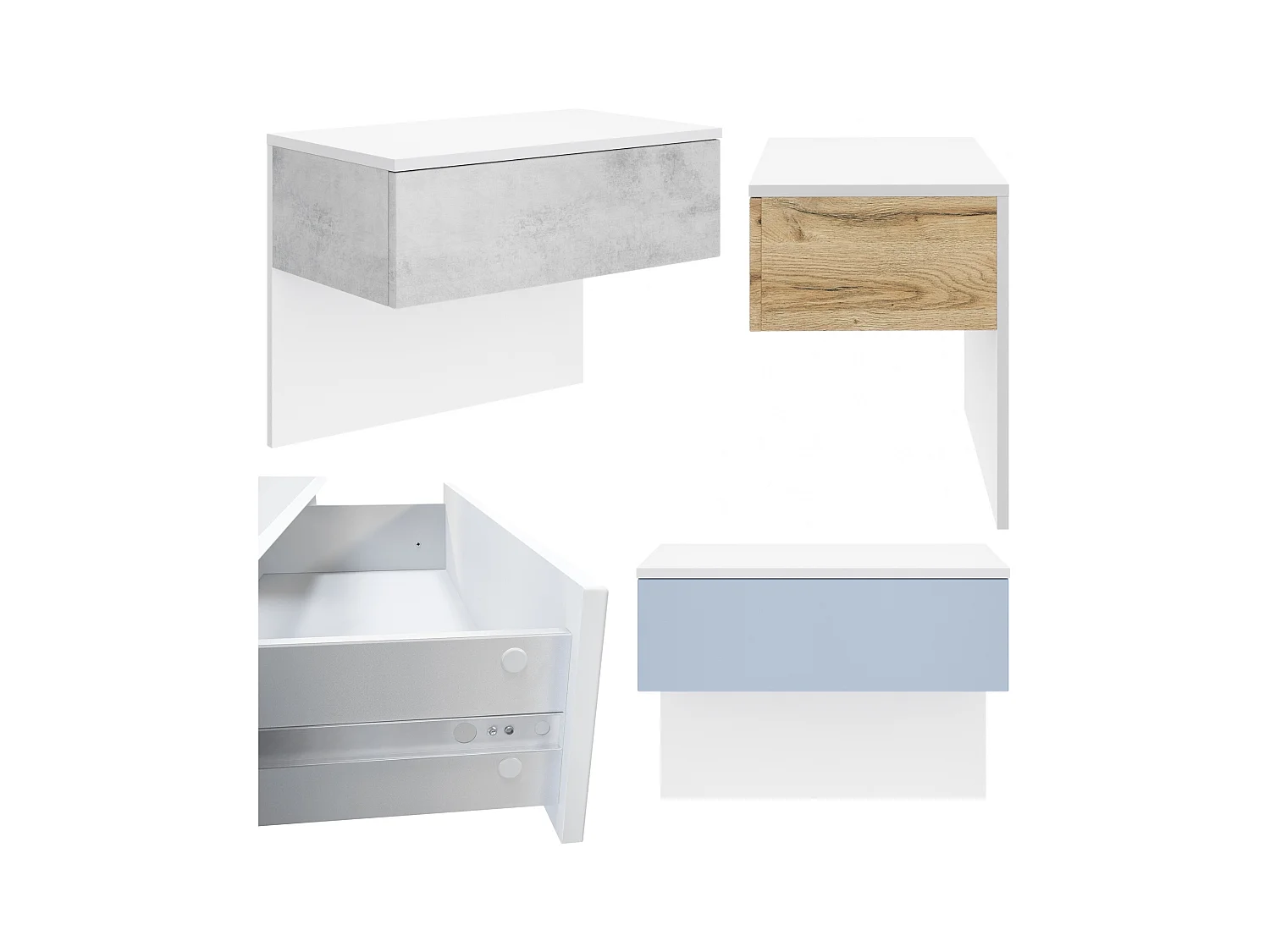 Table de chevet Sleep, Table de nuit à fixation murale avec tiroir, Blanc mat/Blanc haute brillance, éclairage LED inclus (60 x 46 x 35 cm)