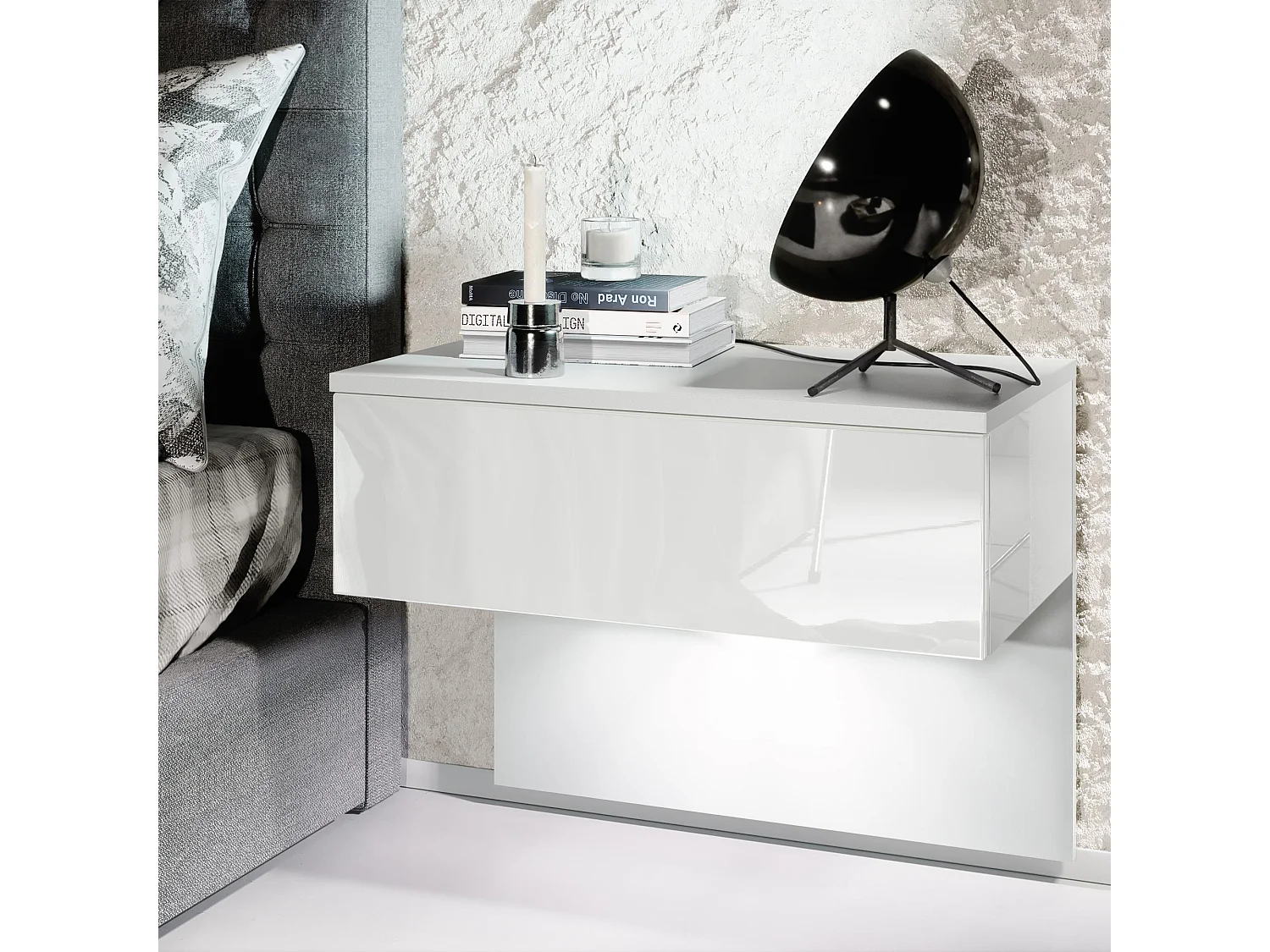 Table de chevet Sleep, Table de nuit à fixation murale avec tiroir, Blanc mat/Blanc haute brillance, éclairage LED inclus (60 x 46 x 35 cm)