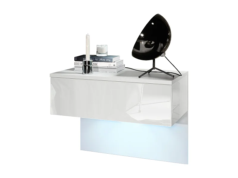 Table de chevet Sleep, Table de nuit à fixation murale avec tiroir, Blanc mat/Blanc haute brillance, éclairage LED inclus (60 x 46 x 35 cm)