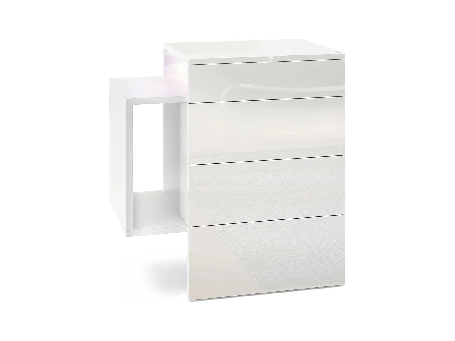 Table de chevet Queens, Table de nuit avec 2 tiroirs et 1 compartiment latéral à fixer au mur, Blanc mat/Blanc brillant, incl. spot encastré LED (60x63x36 cm)