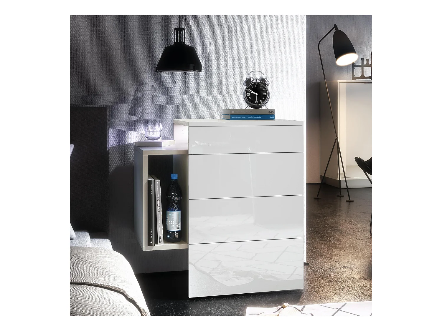 Table de chevet Queens, Table de nuit avec 2 tiroirs et 1 compartiment latéral à fixer au mur, Blanc mat/Blanc brillant, incl. spot encastré LED (60x63x36 cm)