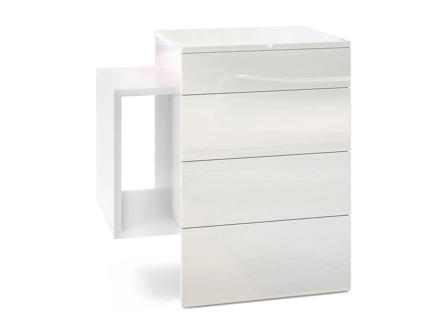 Table de chevet Queens, Table de nuit avec 2 tiroirs et 1 compartiment latéral à fixer au mur, Blanc mat/Blanc brillant, incl. spot encastré LED (60x63x36 cm)