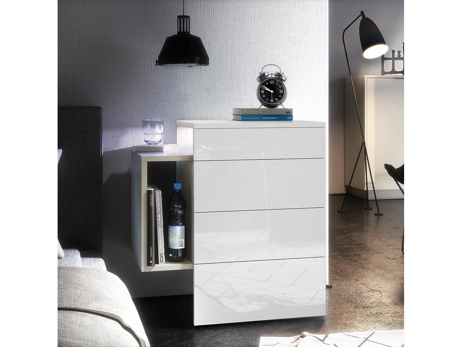 Table de chevet Queens, Table de nuit avec 2 tiroirs et 1 compartiment latéral à fixer au mur, Blanc mat/Blanc brillant, incl. spot encastré LED (60x63x36 cm)