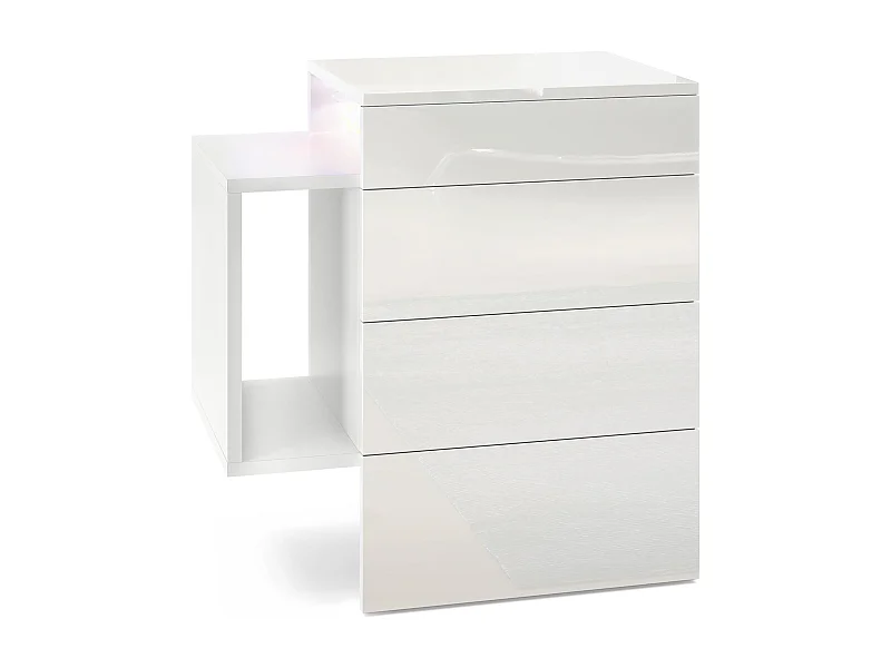 Table de chevet Queens, Table de nuit avec 2 tiroirs et 1 compartiment latéral à fixer au mur, Blanc mat/Blanc brillant, incl. spot encastré LED (60x63x36 cm)