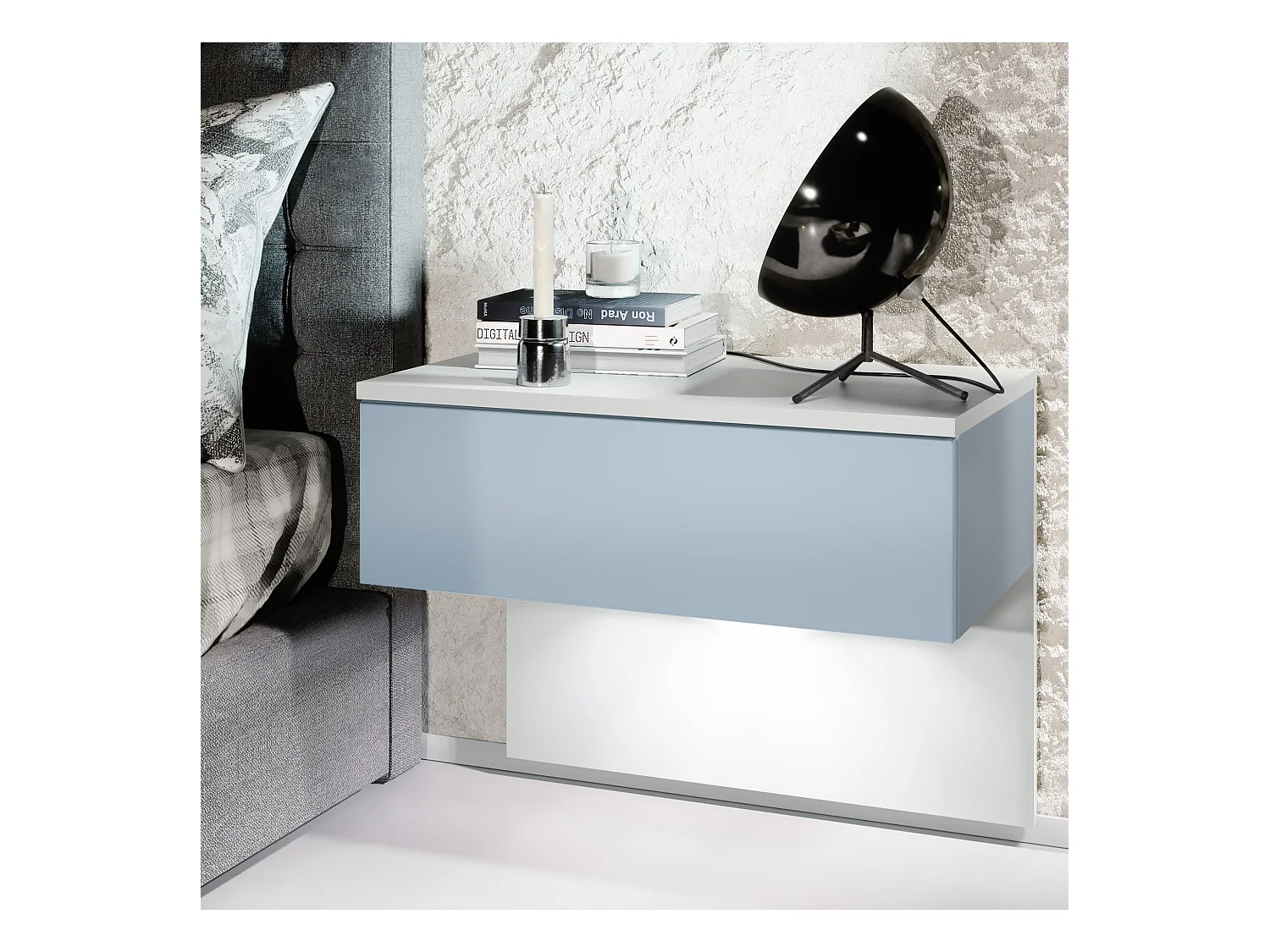 Table de chevet Sleep, Table de nuit à fixation murale avec tiroir, Blanc mat/Denim mat, éclairage LED inclus (60 x 46 x 35 cm)