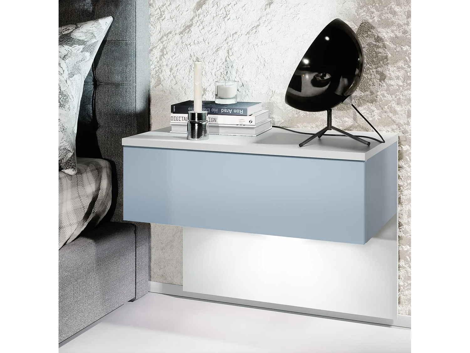 Table de chevet Sleep, Table de nuit à fixation murale avec tiroir, Blanc mat/Denim mat, éclairage LED inclus (60 x 46 x 35 cm)
